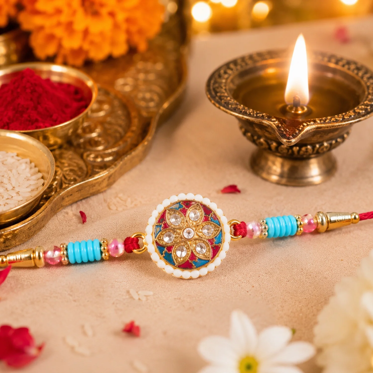 Multicolor Floral Kundan Designer Rakhi - Image 4