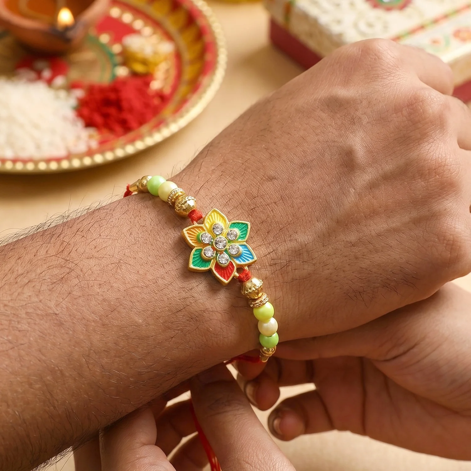 Multicolor Floral Star Kundan Designer Rakhi - Image 4