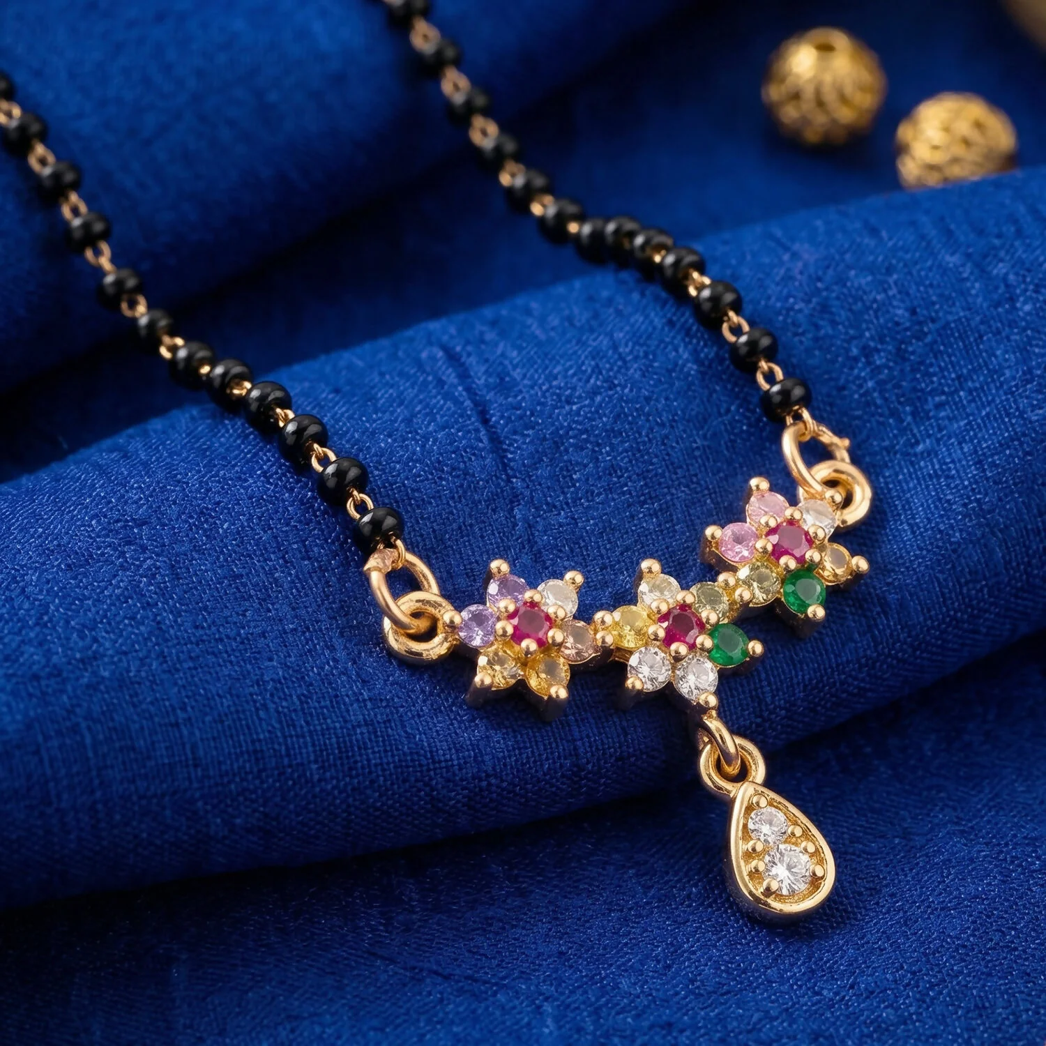Multicolor Floral Stone Mangalsutra with Hanging Drop Pendant - Image 2