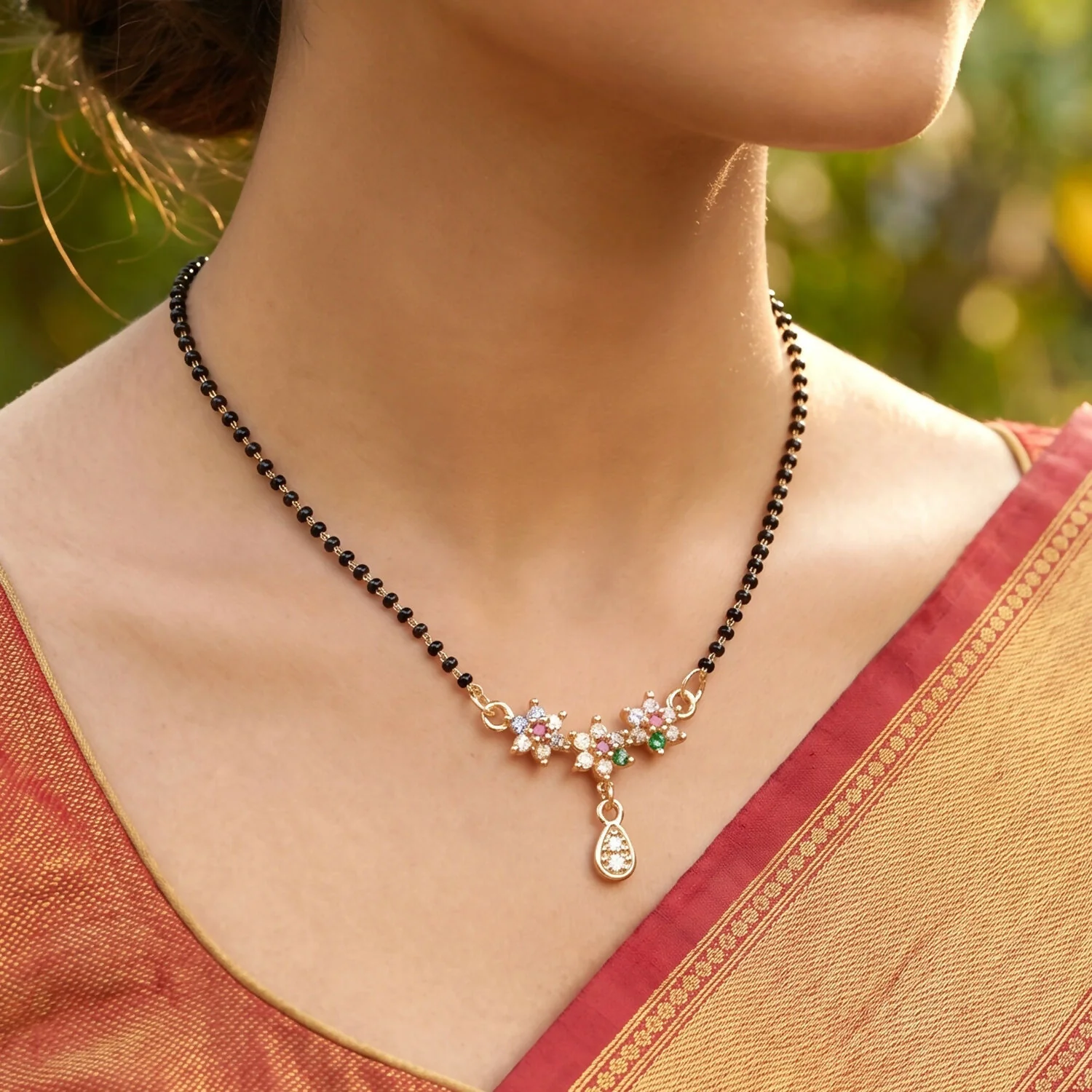 Multicolor Floral Stone Mangalsutra with Hanging Drop Pendant - Image 3