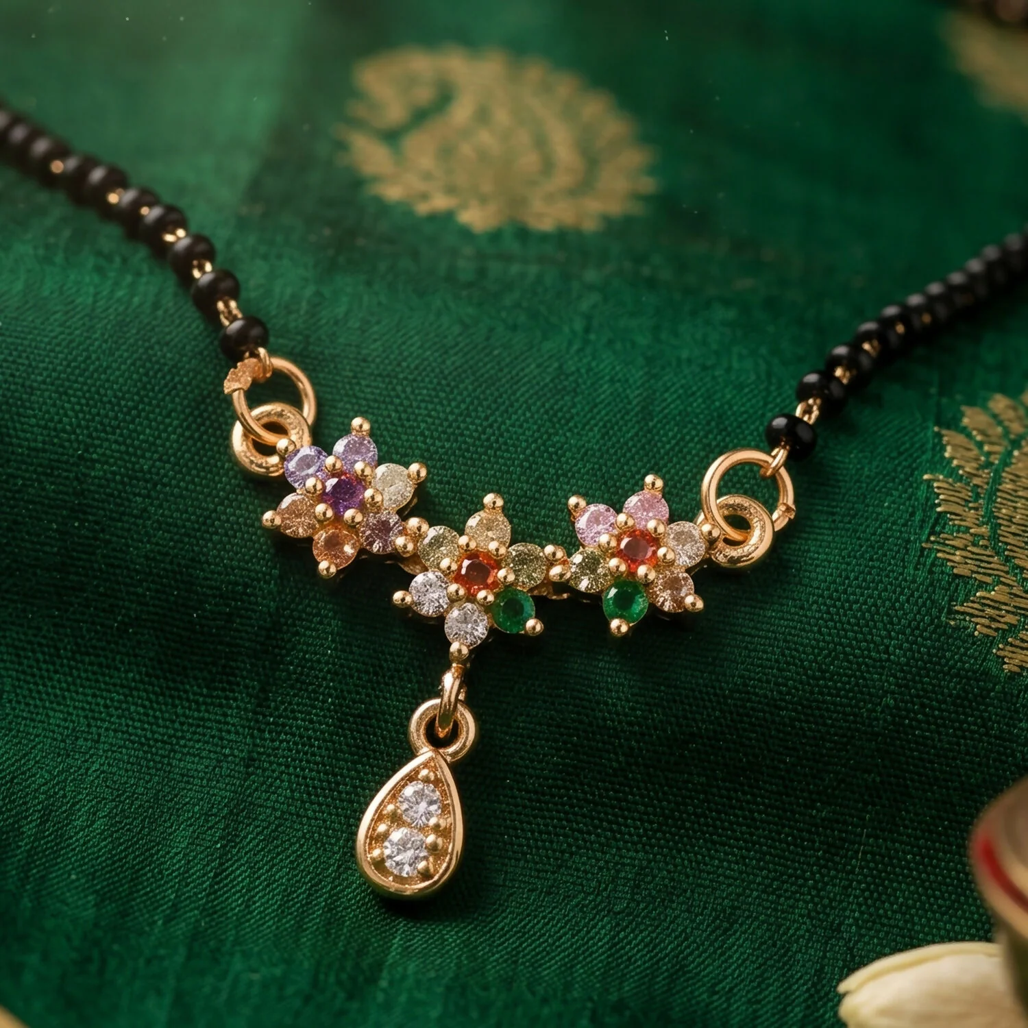 Multicolor Floral Stone Mangalsutra with Hanging Drop Pendant - Image 4