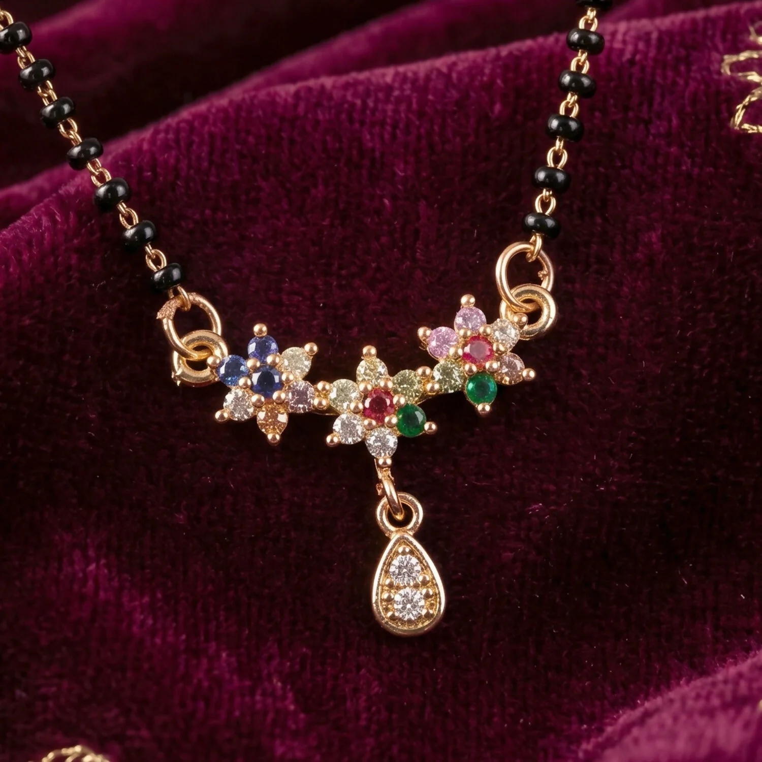 Multicolor Floral Stone Mangalsutra with Hanging Drop Pendant - Image 5