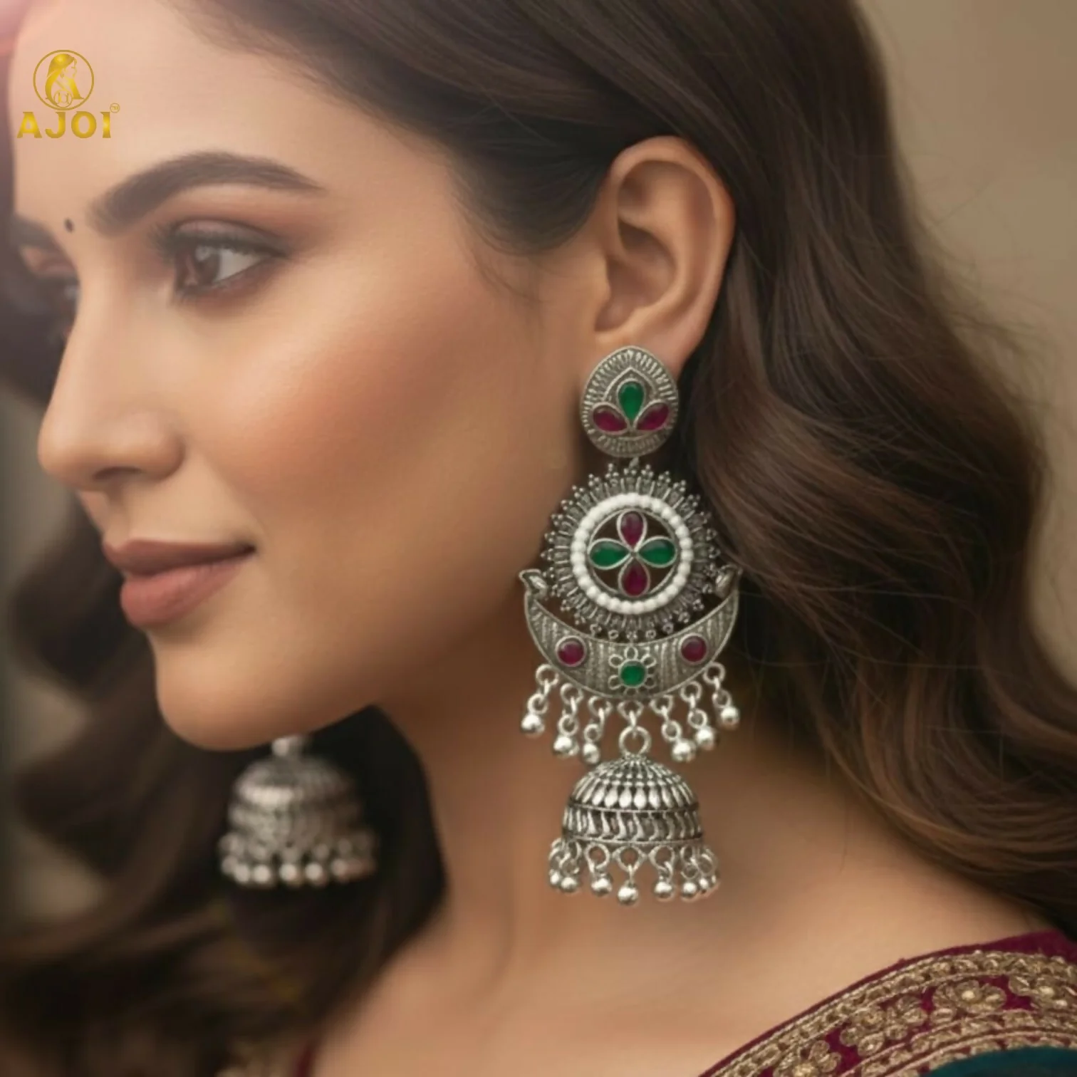 Multicolor Oxidized Silver Jhumka Earrings - Image 2