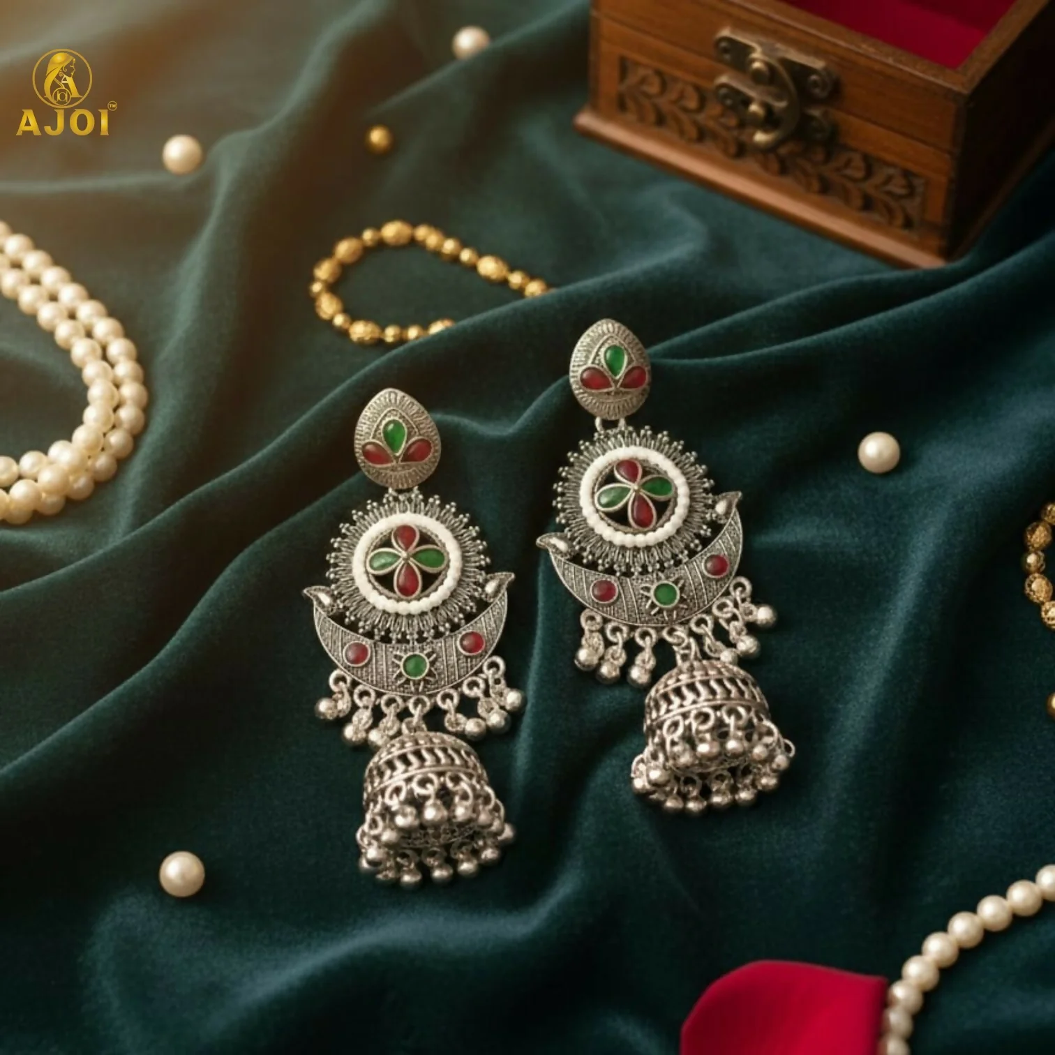 Multicolor Oxidized Silver Jhumka Earrings - Image 3