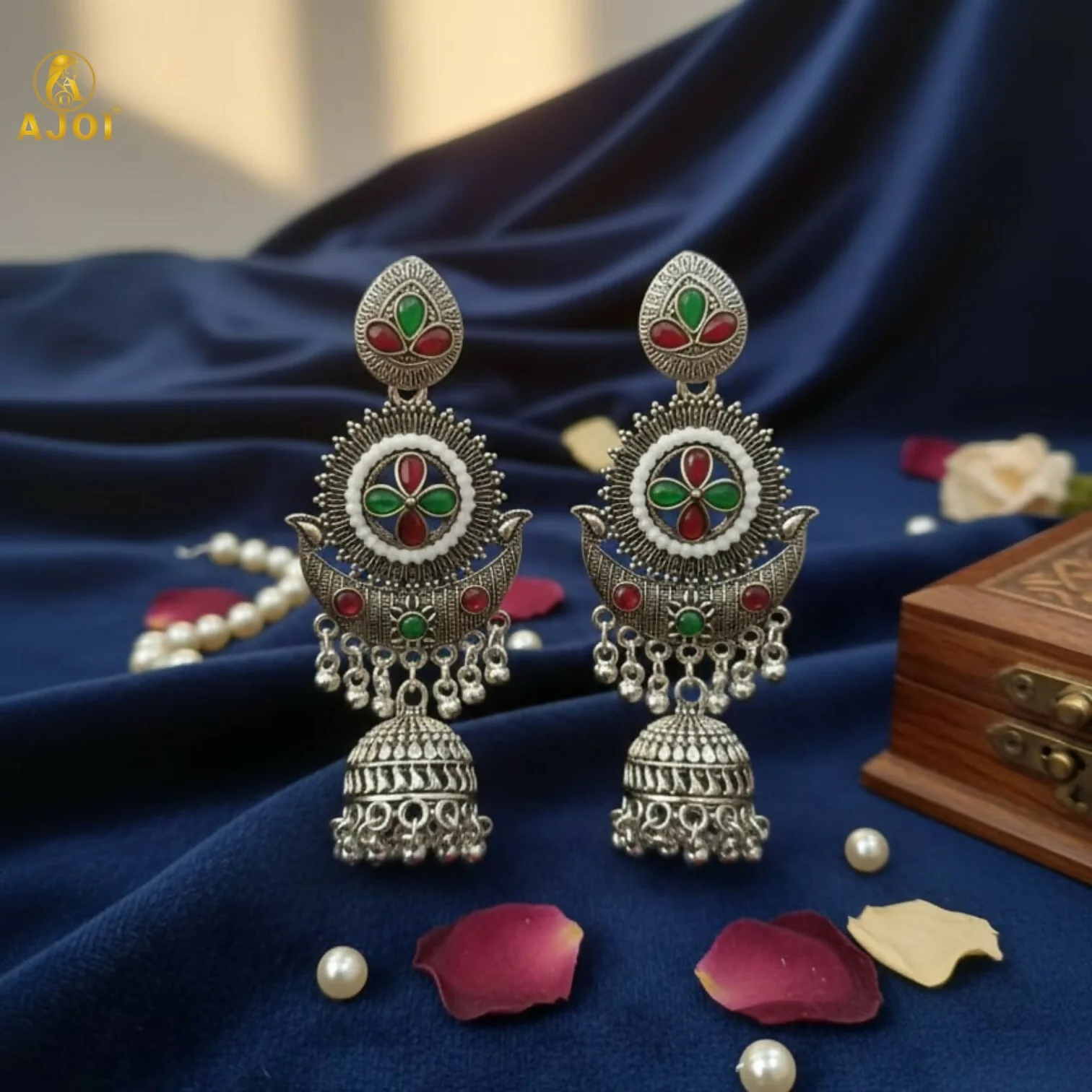 Multicolor Oxidized Silver Jhumka Earrings - Image 4