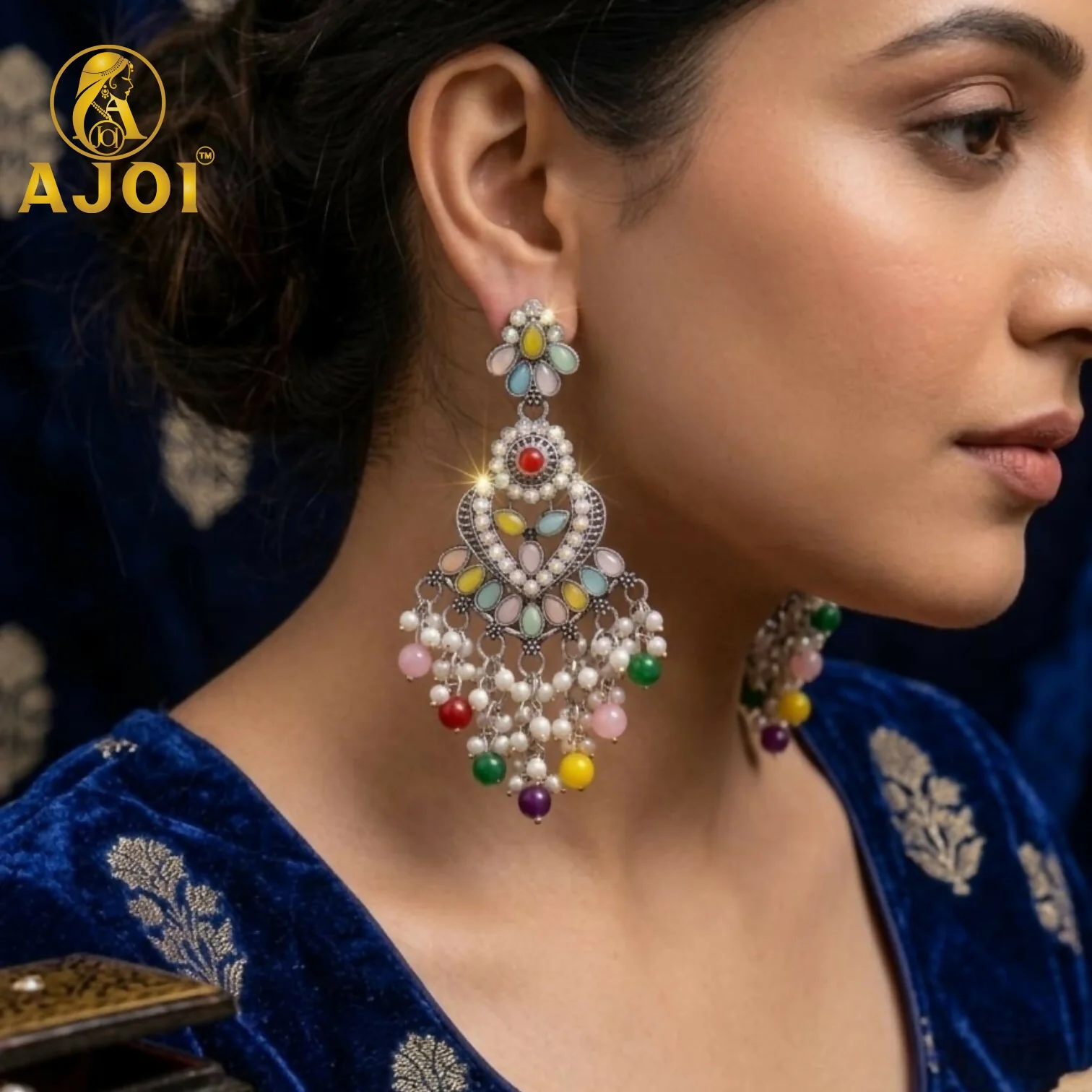 Multicolor Oxidized Statement Earrings with Beads & Pearl Tassels - Image 2