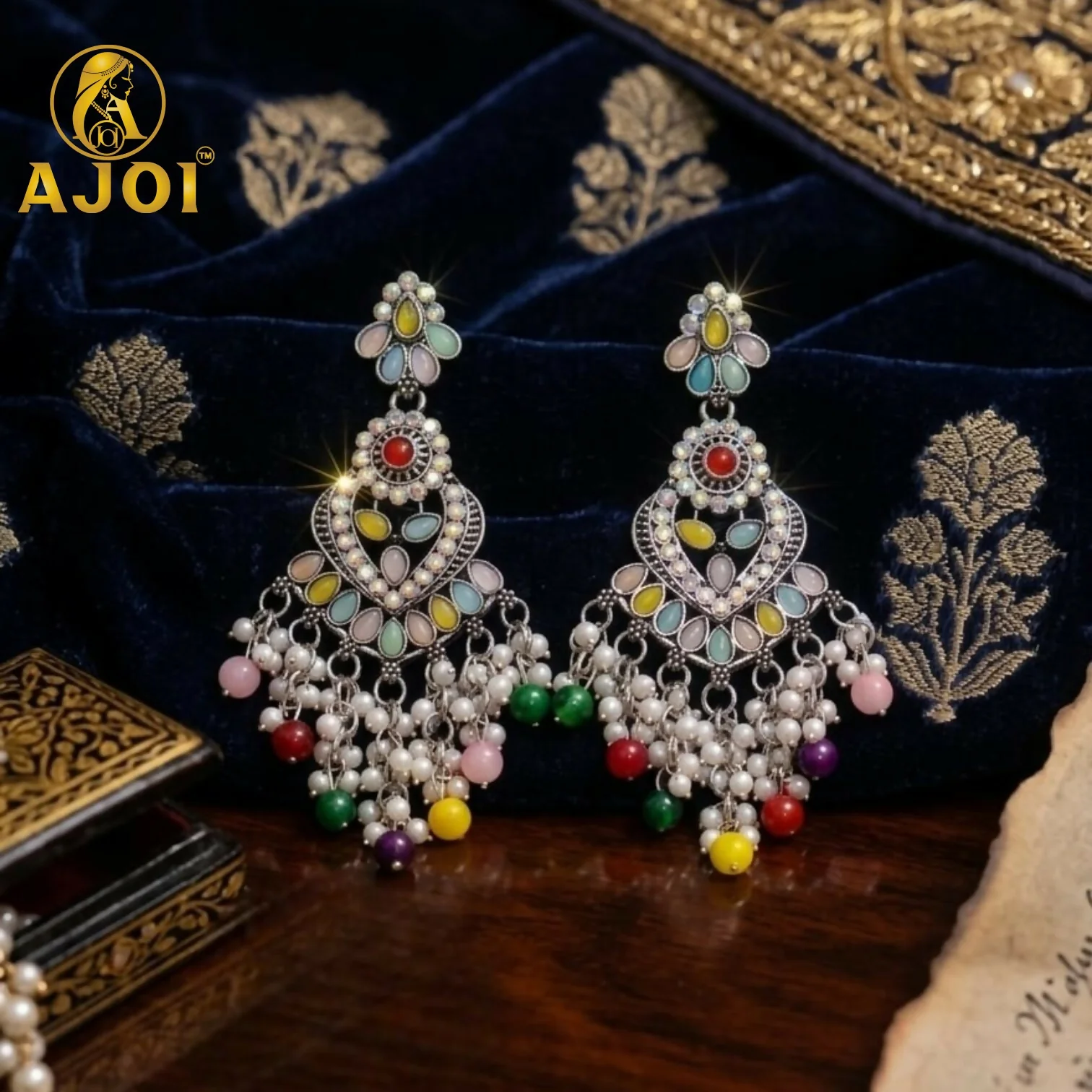 Multicolor Oxidized Statement Earrings with Beads & Pearl Tassels - Image 3