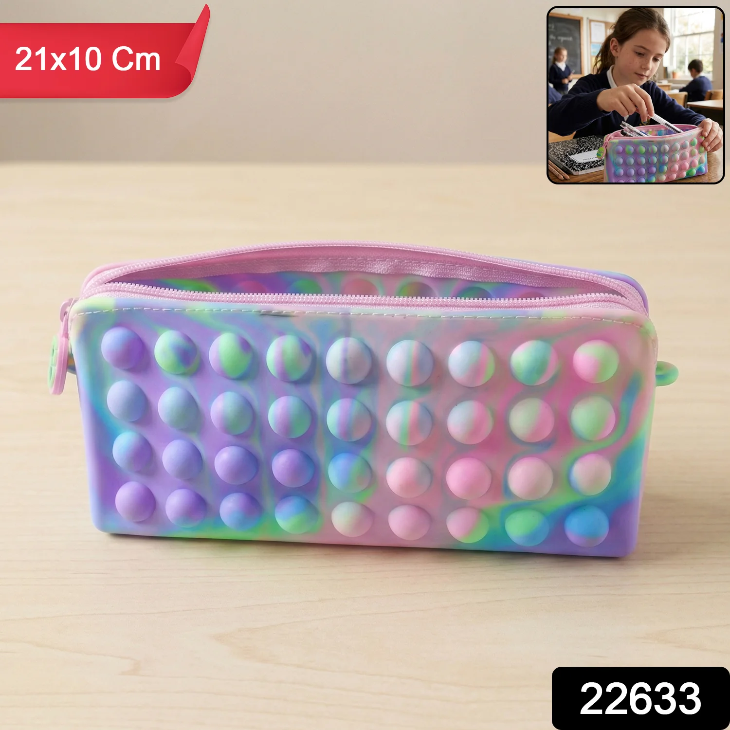 Multicolor Pop It Silicone Pencil Pouch for Kids (1 Pc, 21x10 Cm / Mix Color) - Image 2