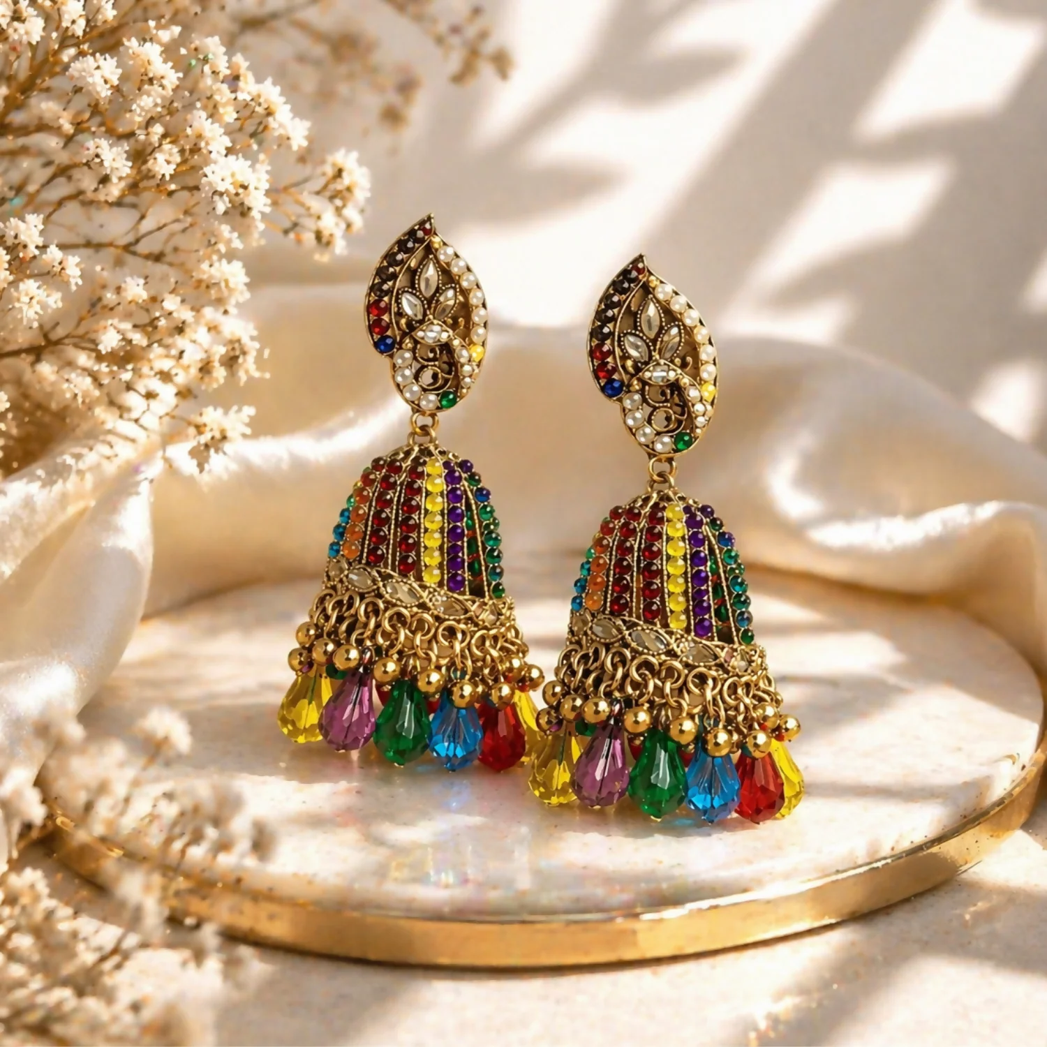 Multicolor Stone Jhumka Earrings with Beads Drop Gold Plated Ethnic Traditional Earrings for Women - Image 2