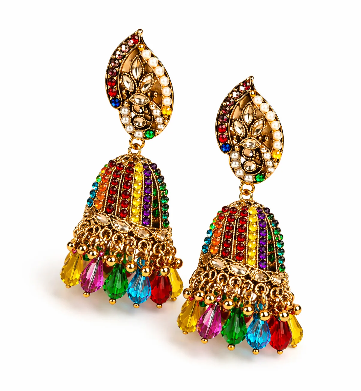 Multicolor Stone Jhumka Earrings with Beads Drop Gold Plated Ethnic Traditional Earrings for Women - Image 4