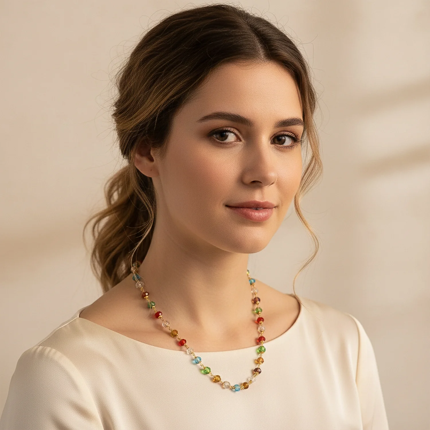 Multicolour Crystal Beaded Necklace with Gold-Tone Links (1Pc) - Image 7