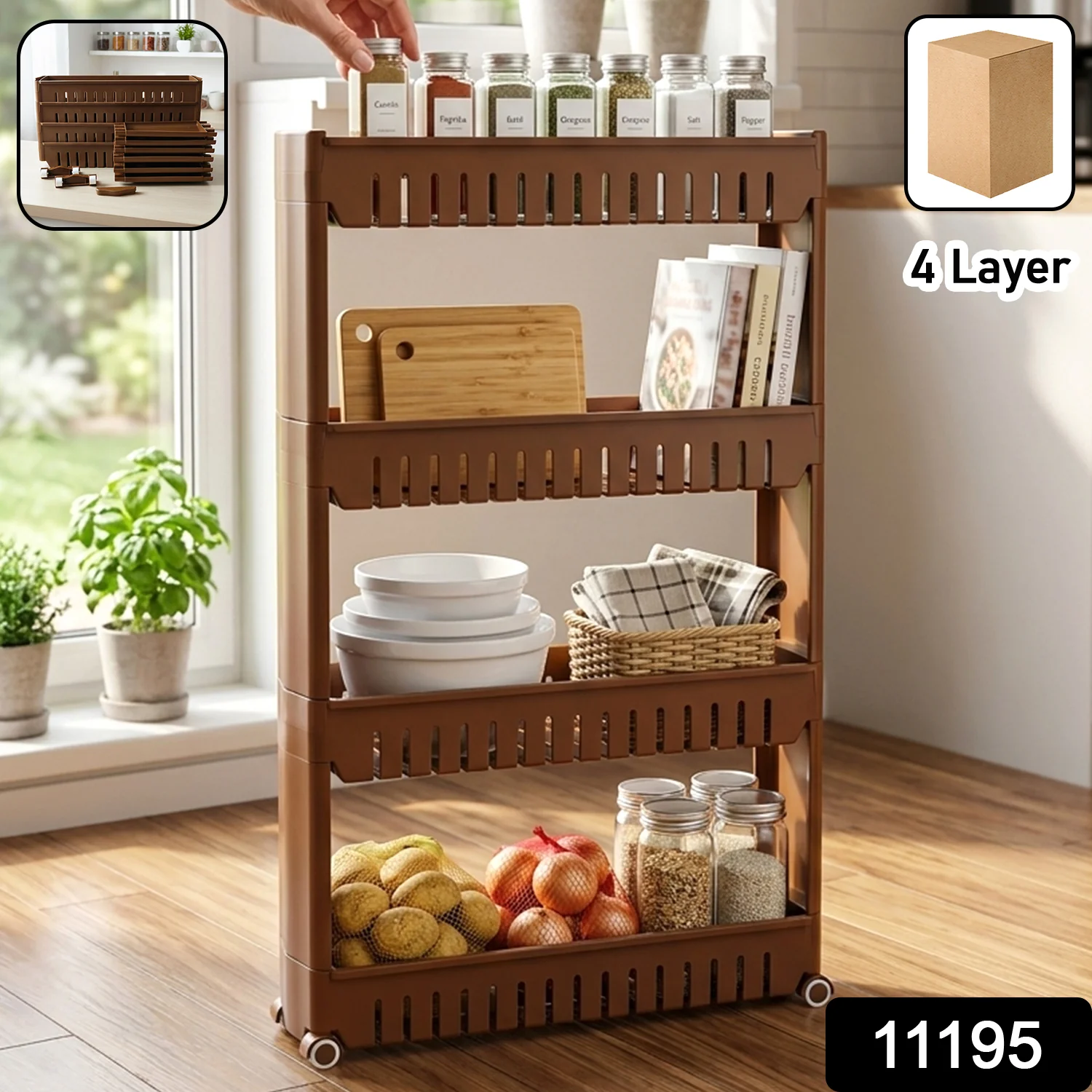 Multipurpose Plastic 4 Layer Storage Rack with Wheels - Image 2