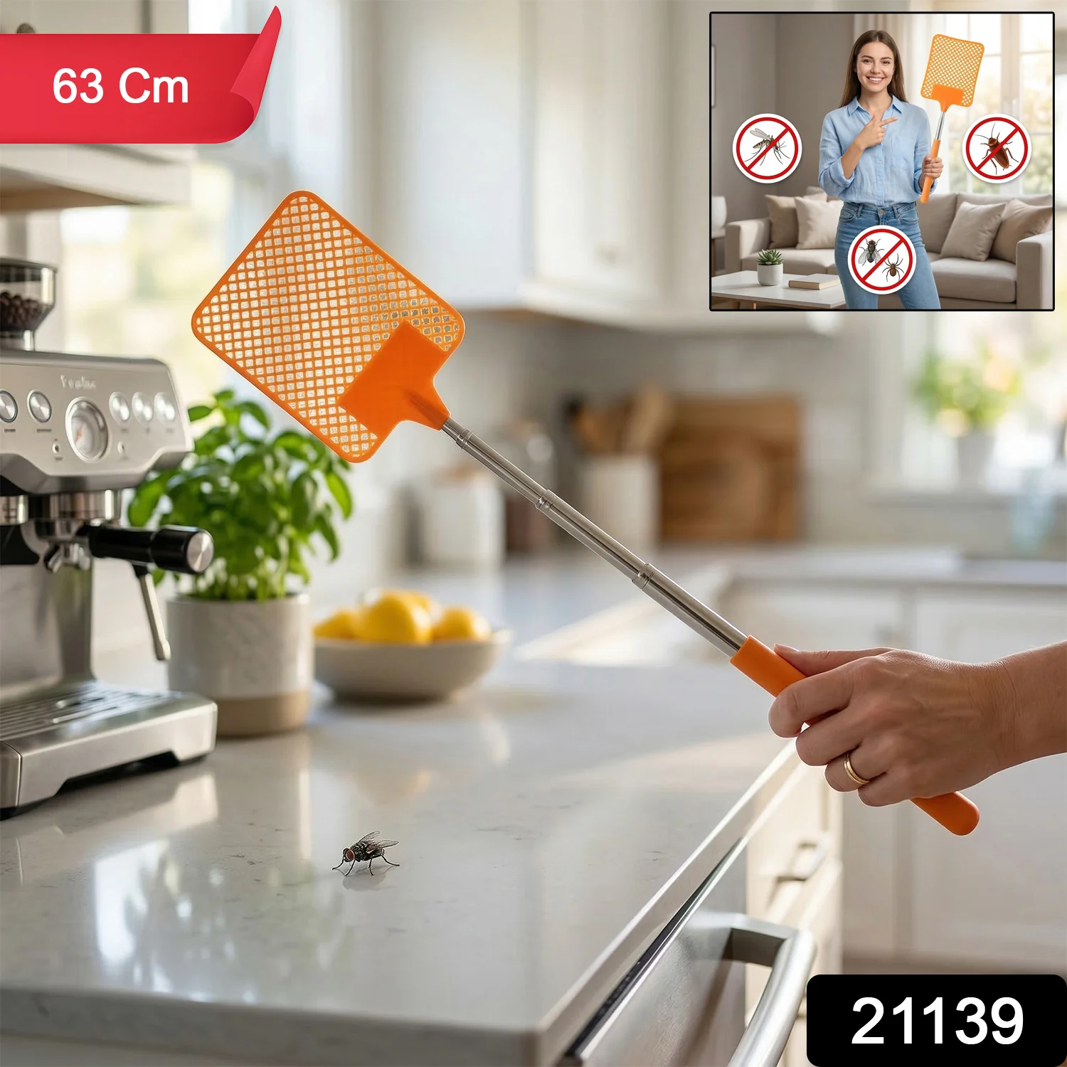 Multipurpose Plastic Fly Swatter With Extendable Handle (1 Pc, 63 Cm) - Image 2