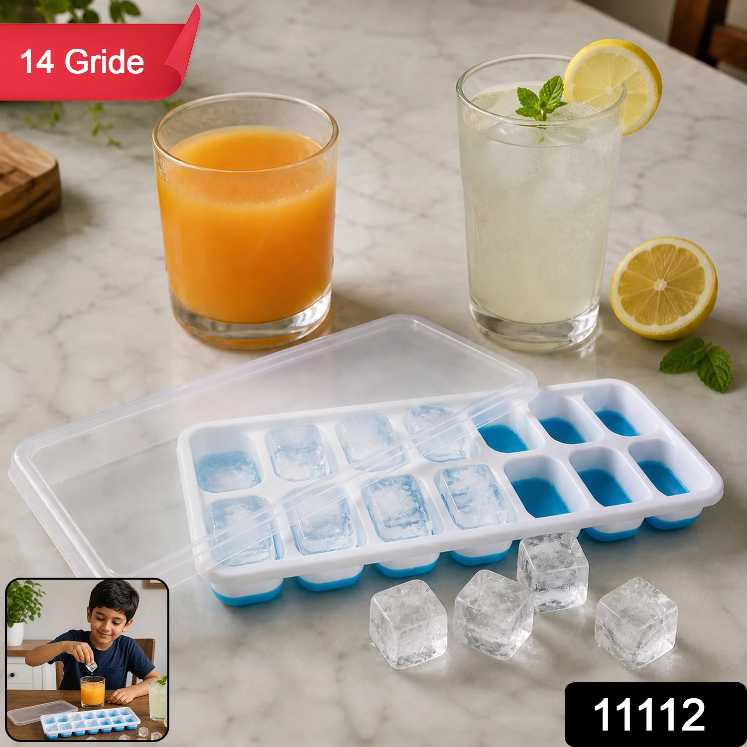 Multipurpose Plastic Ice Cube Tray With Lid (1 Pc, 14 Gride) - Image 2
