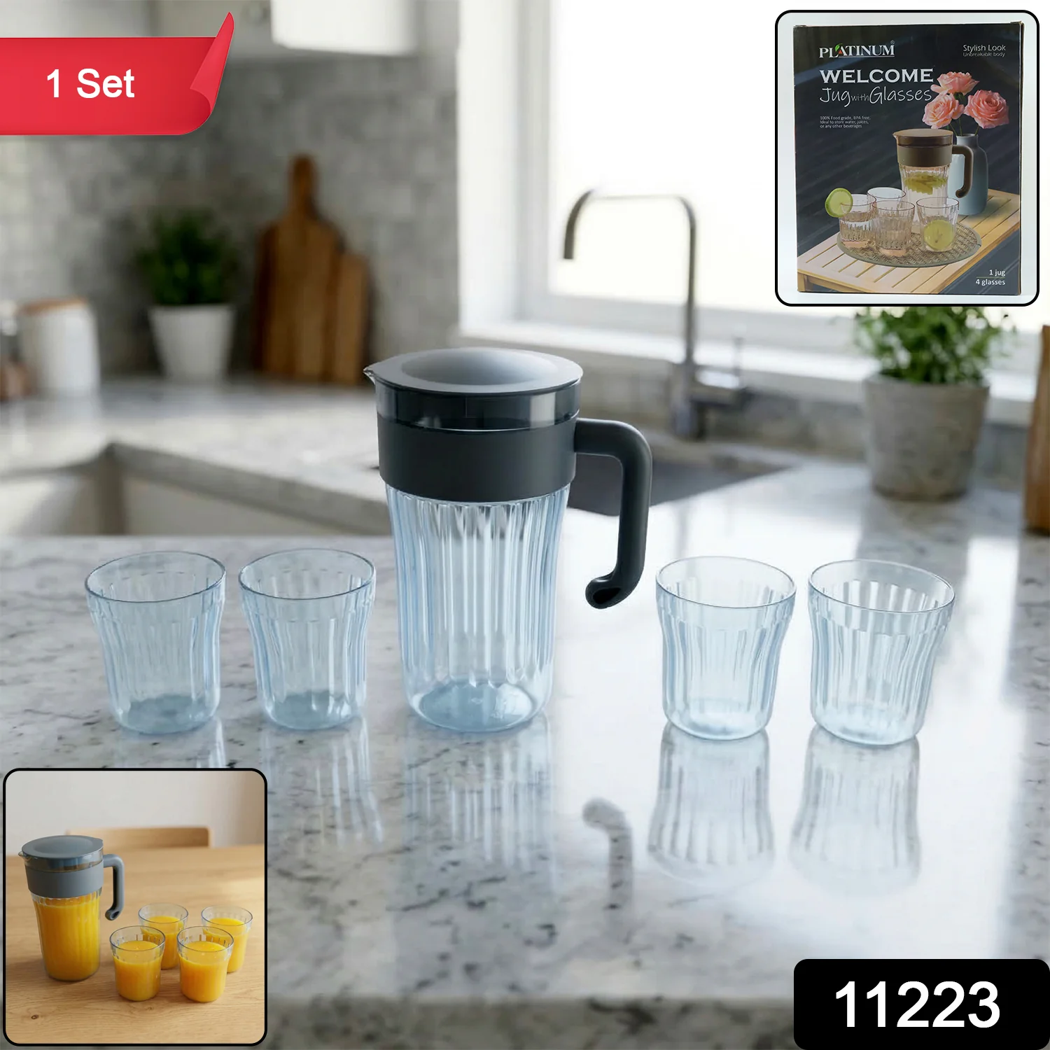 Multipurpose Plastic Water Juice Serving Jug with 4 Drinking Glasses Set (1 Set) - Image 2