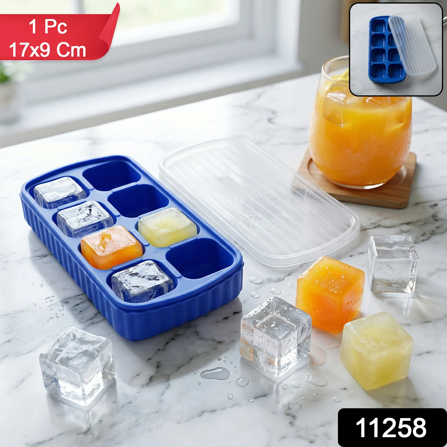 Multipurpose Square Ice Cube Tray with Lid (1 Pc, 17x9 Cm, 8 Grid) - Image 2