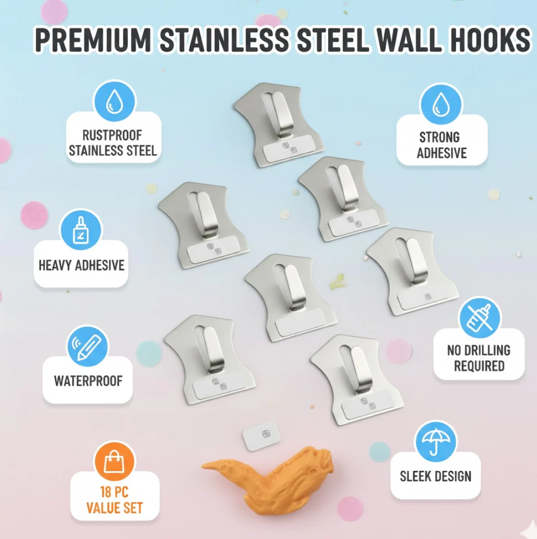 18-Piece Stainless Steel Wall Hooks: Organize Your Home Effortlessly - Image 2