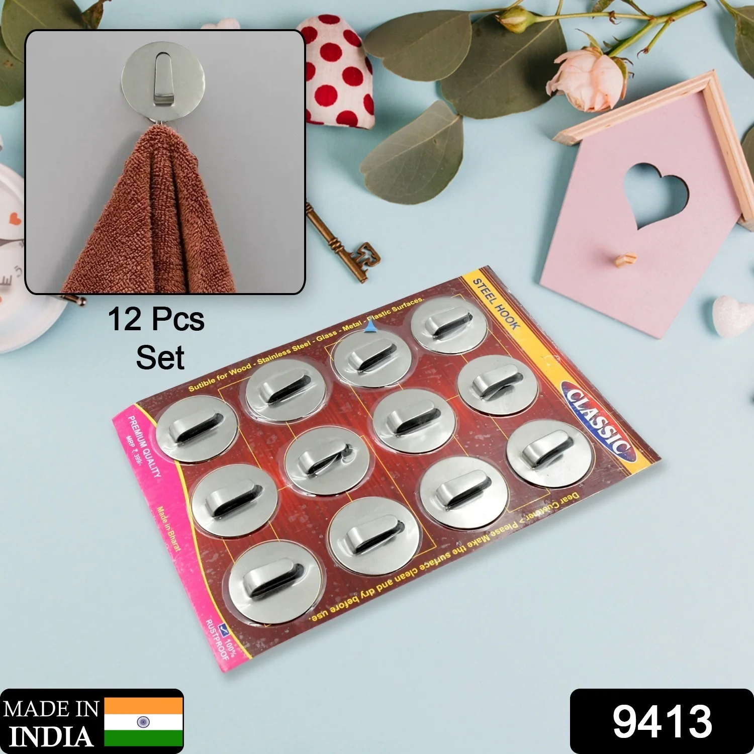 Self-Adhesive Wall Hooks (12 Pcs): Steel, Multipurpose for Home - Image 2