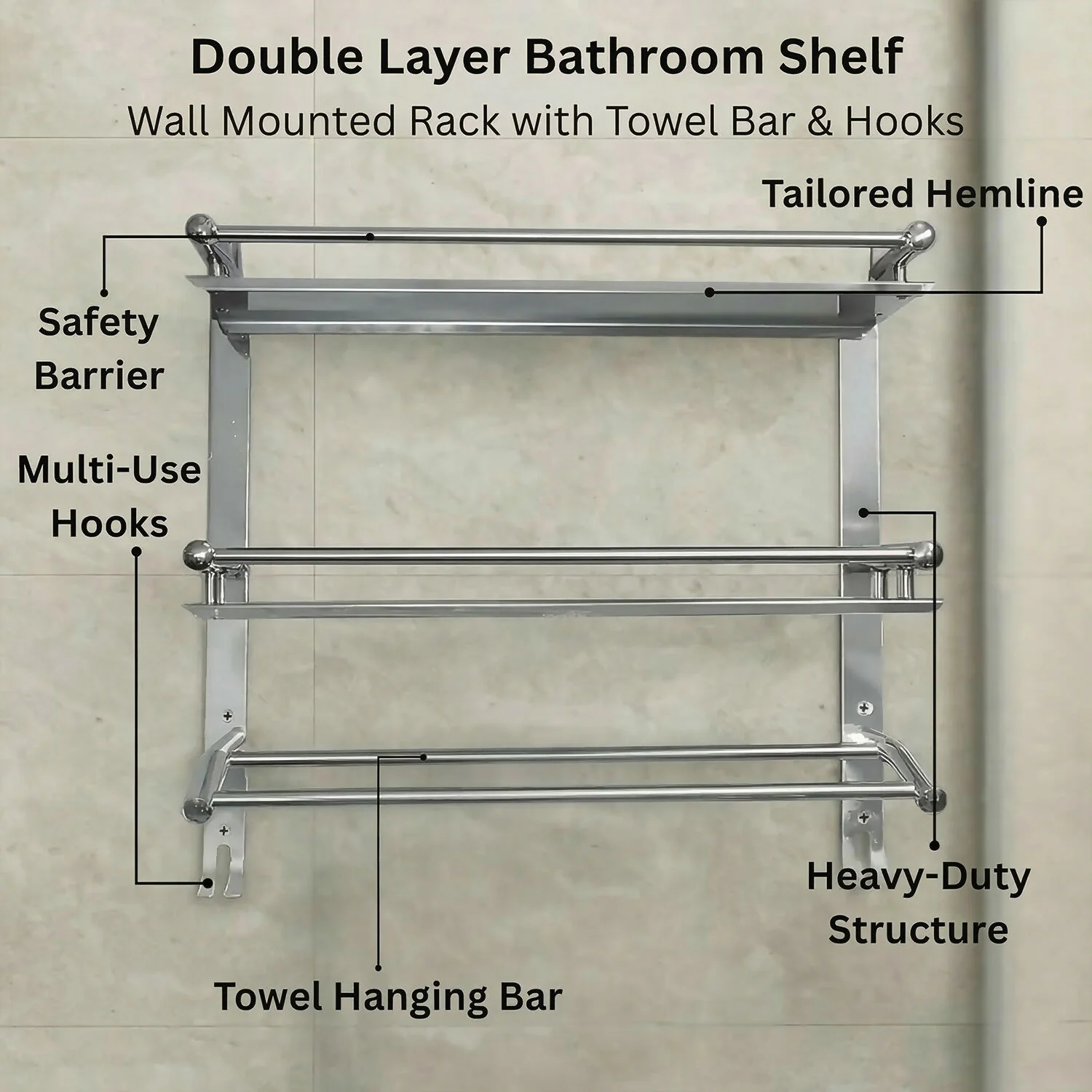 Multipurpose Wall Mounted Bathroom Shelf Organizer with Towel Bar and Storage Rack - Image 3