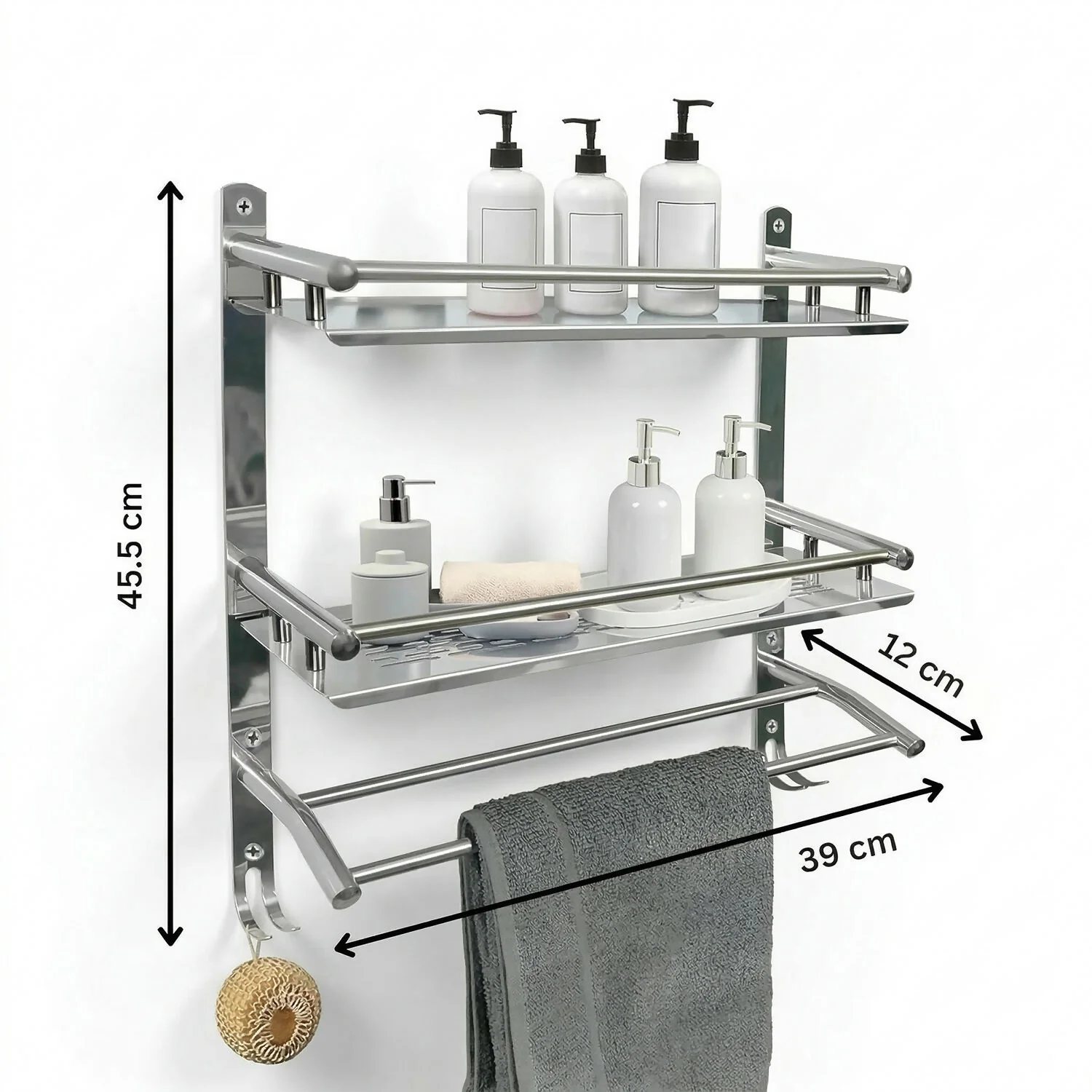 Multipurpose Wall Mounted Bathroom Shelf Organizer with Towel Bar and Storage Rack - Image 5