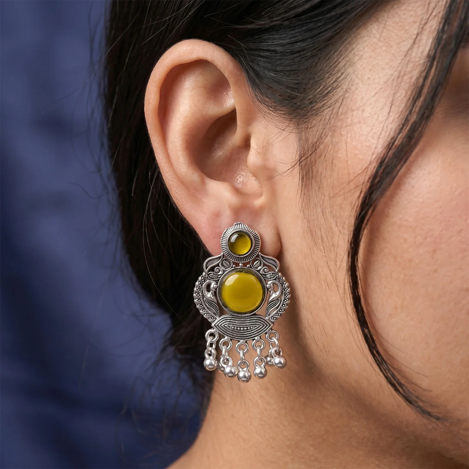 Mustard Yellow Stone Oxidized Silver Earrings | Antique Floral Statement Drops - Image 2