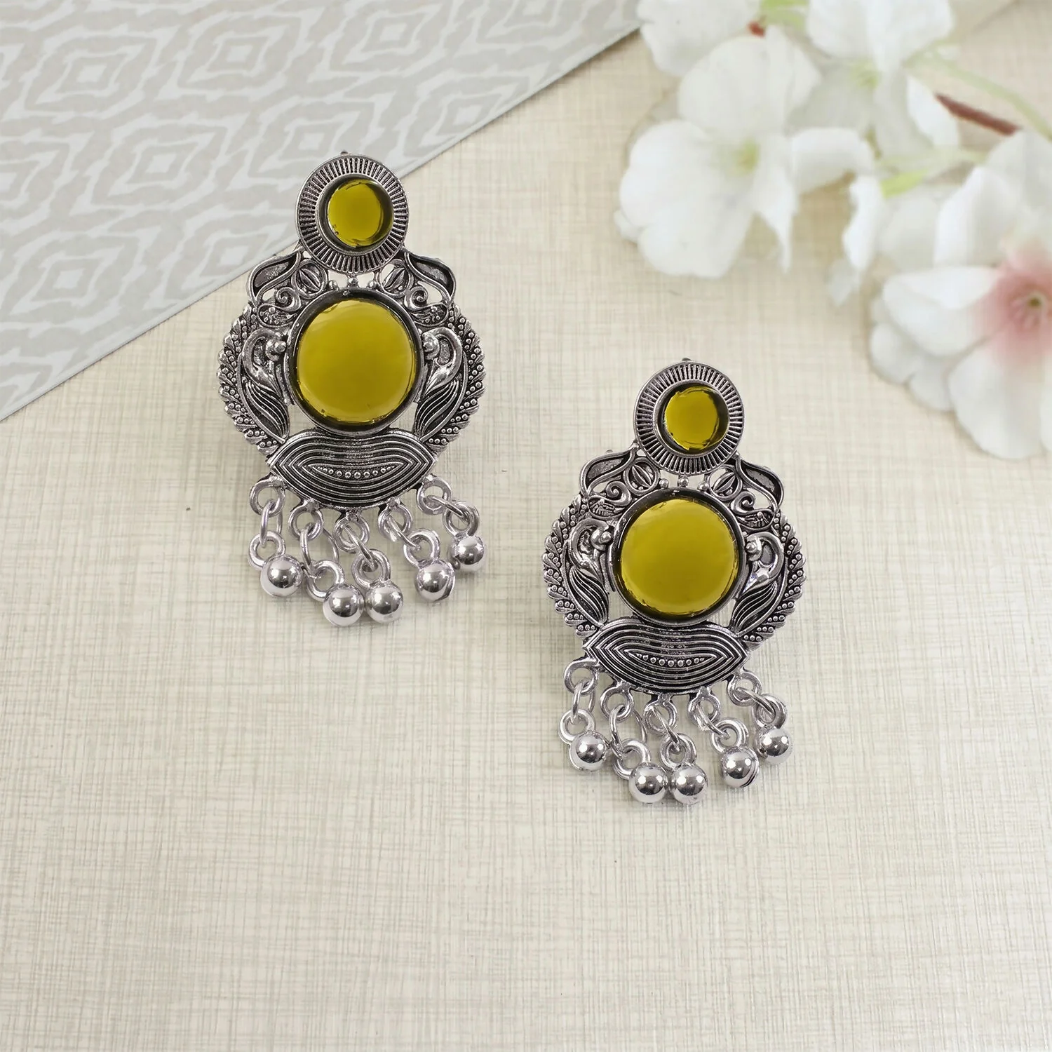Mustard Yellow Stone Oxidized Silver Earrings | Antique Floral Statement Drops - Image 3