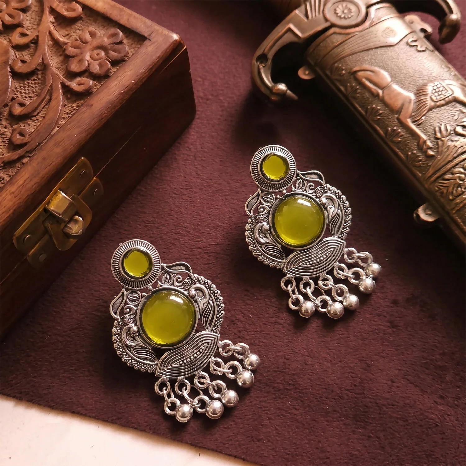 Mustard Yellow Stone Oxidized Silver Earrings | Antique Floral Statement Drops - Image 4