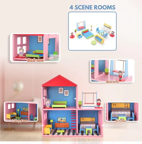 My Wooden Doll House Set for Girls with 4 Rooms (Multicolor) - Image 2