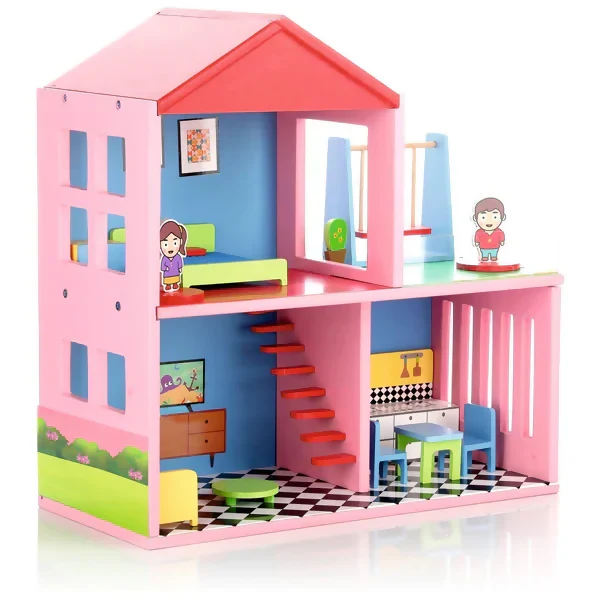 My Wooden Doll House Set for Girls with 4 Rooms (Multicolor) - Image 3