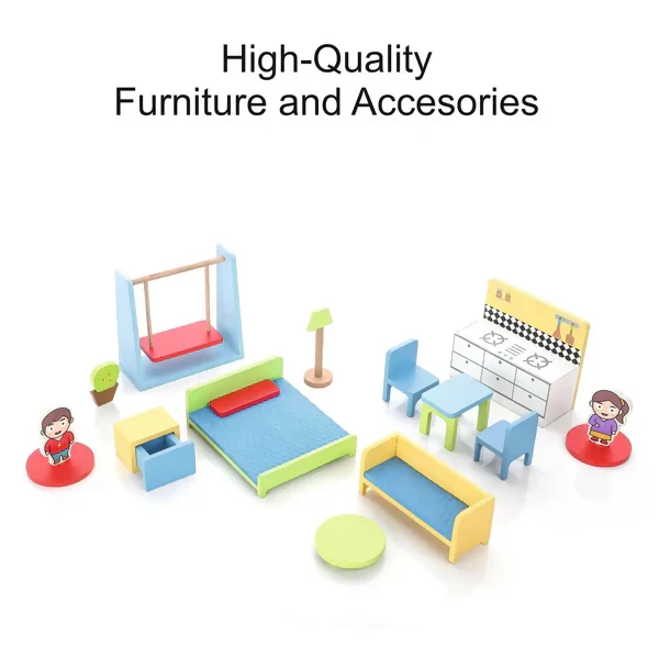 My Wooden Doll House Set for Girls with 4 Rooms (Multicolor) - Image 5