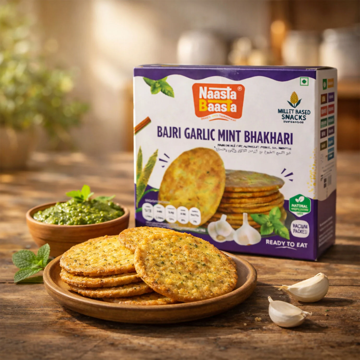 Naasta Baasta Bajri Garlic Mint Bhakhari – Millet Based Crunchy & Ready to Eat Snack (200 Gm) - Image 2