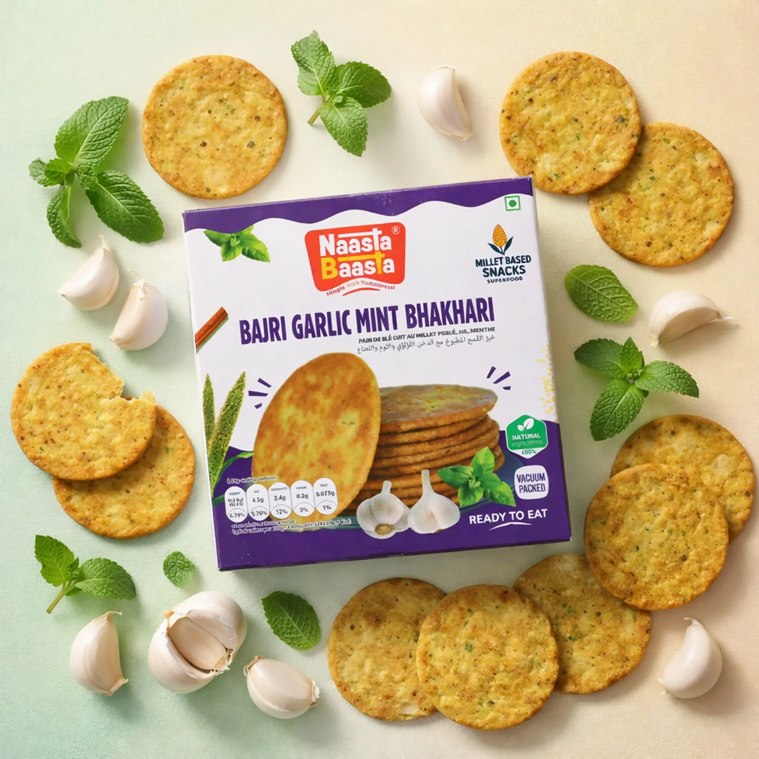 Naasta Baasta Bajri Garlic Mint Bhakhari – Millet Based Crunchy & Ready to Eat Snack (200 Gm) - Image 3