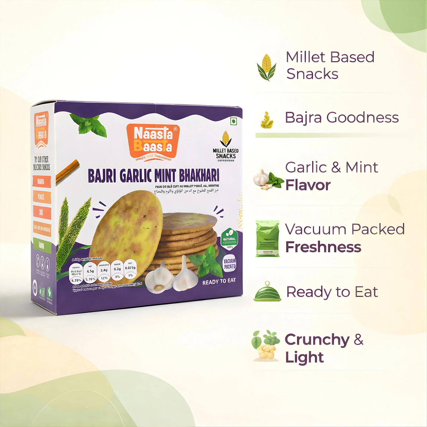 Naasta Baasta Bajri Garlic Mint Bhakhari – Millet Based Crunchy & Ready to Eat Snack (200 Gm) - Image 4