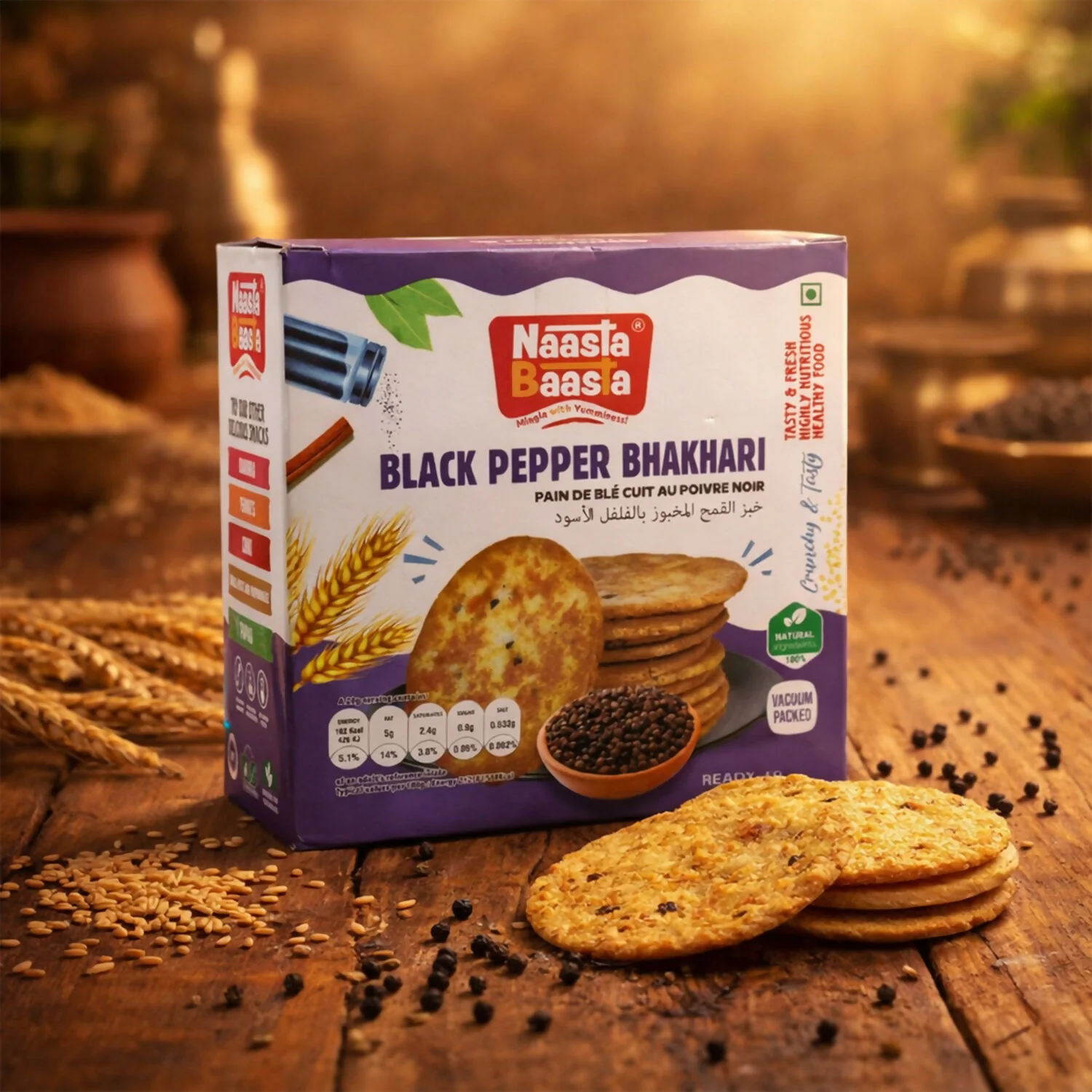 Naasta Baasta Black Pepper Bhakhari – Crispy & Spicy Ready to Eat Millet Snack (200 Gm) - Image 3