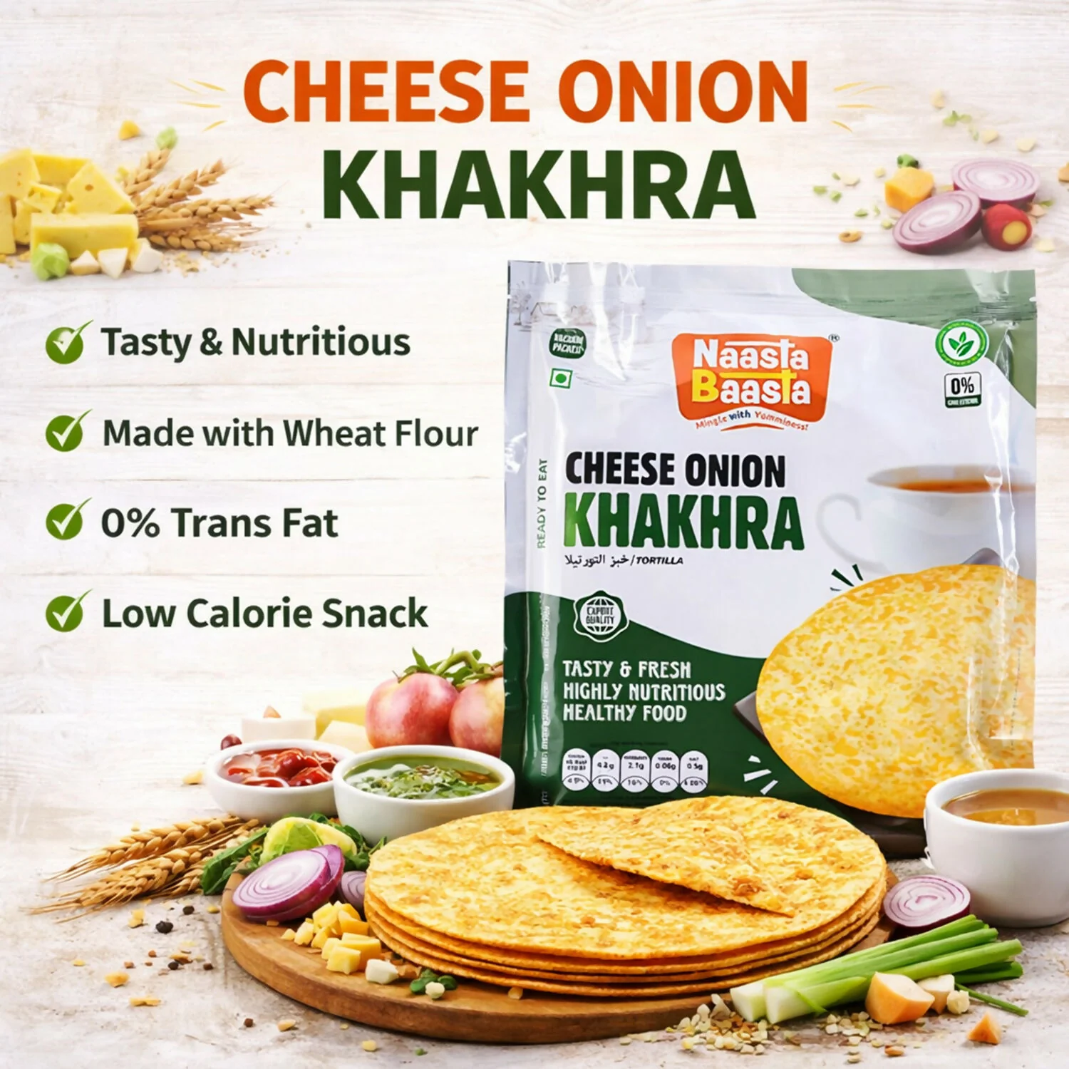 Naasta Baasta Cheese Onion Khakhra - Crispy Ready to Eat Wheat Flour Snack (200 Gm) - Image 2