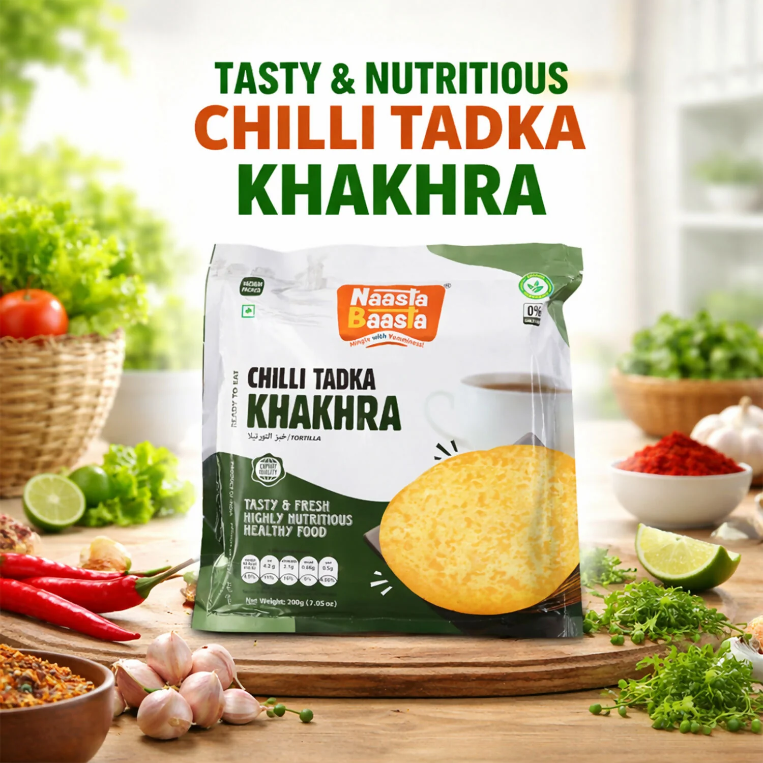Naasta Baasta Chilli Tadka Khakhra Ready to Eat Spicy & Nutritious Snack (200gm) - Image 2