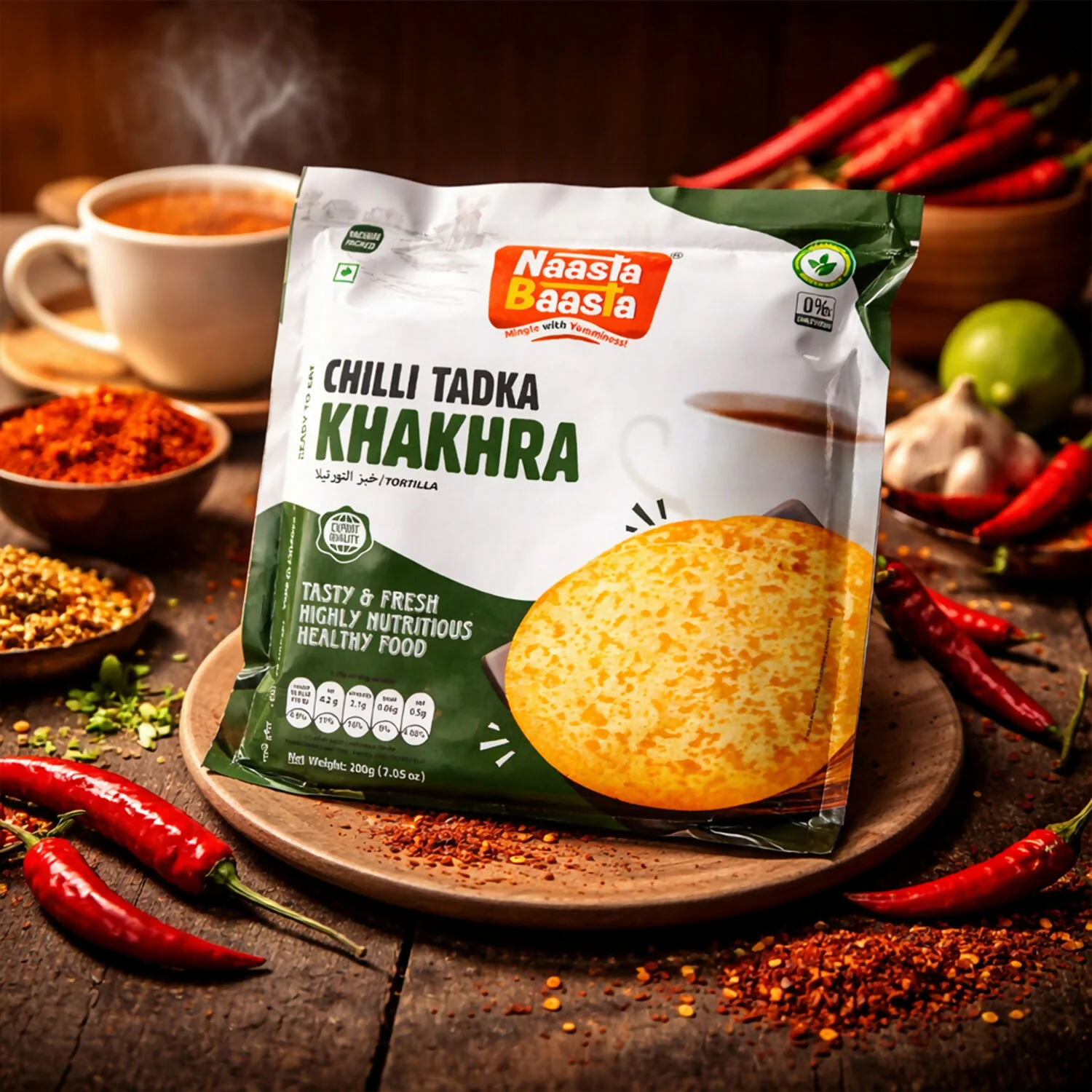 Naasta Baasta Chilli Tadka Khakhra Ready to Eat Spicy & Nutritious Snack (200gm) - Image 3