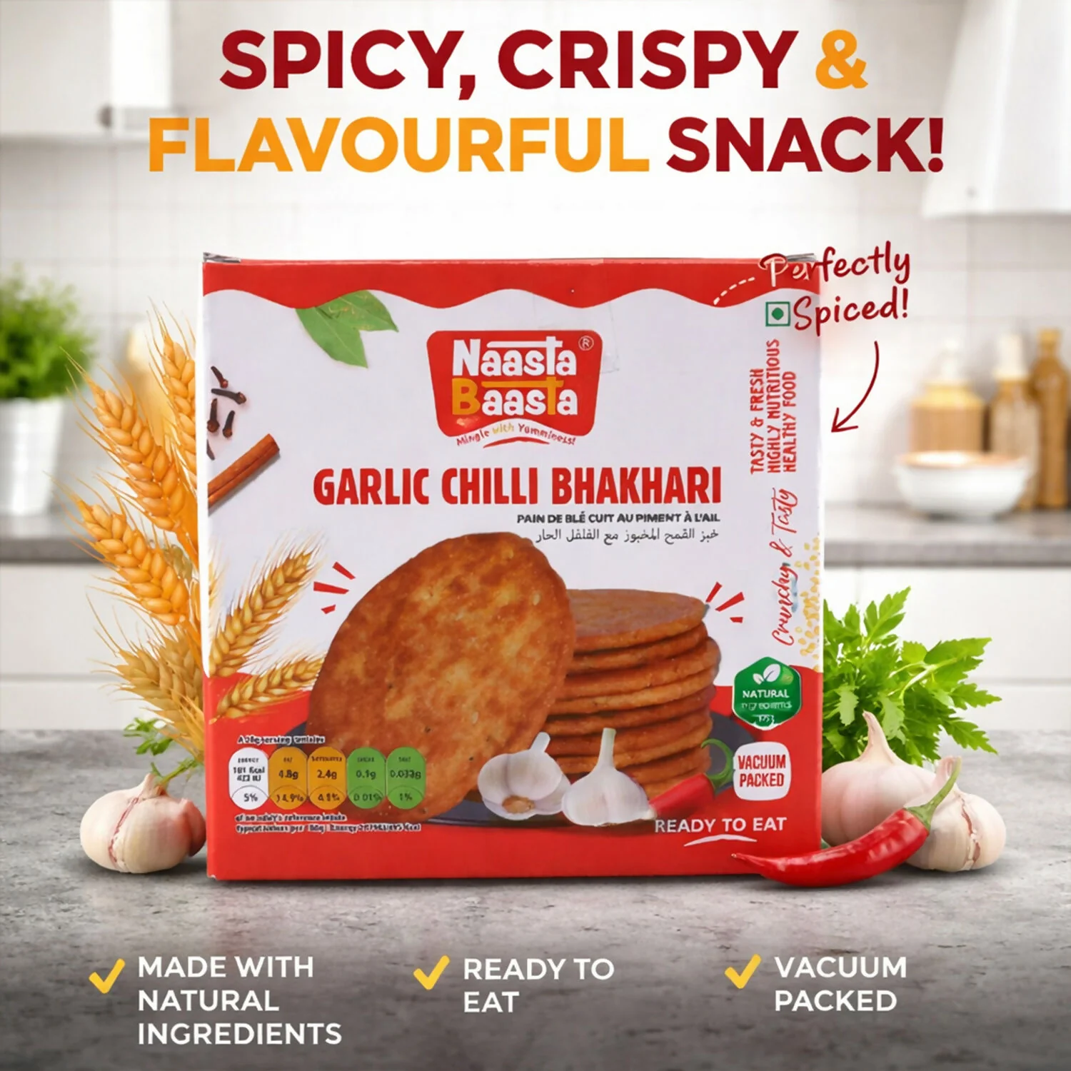 Naasta Baasta Garlic Chilli Bhakhari Ready-to-Eat Crispy Wheat Snack (200 Gm) - Image 2