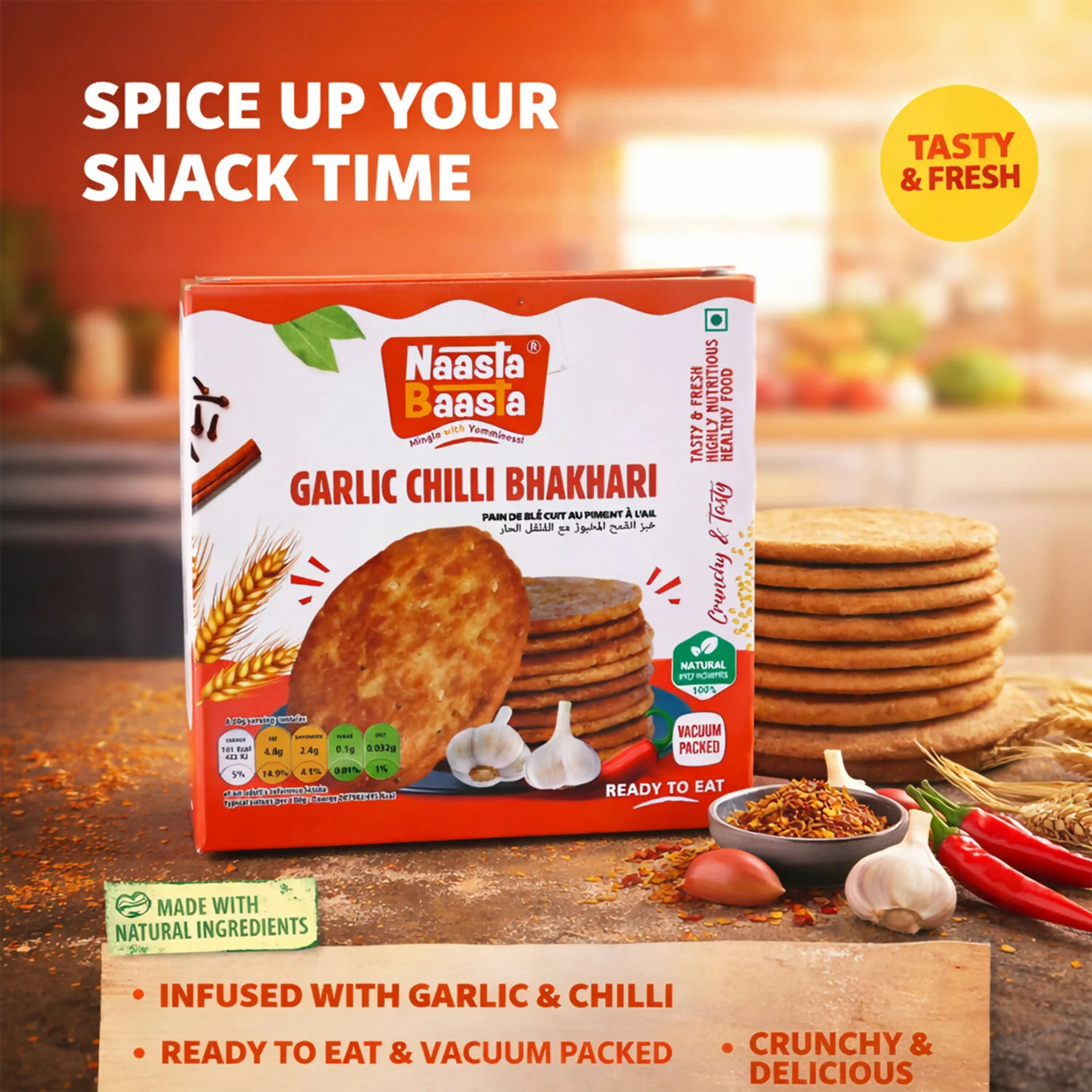 Naasta Baasta Garlic Chilli Bhakhari Ready-to-Eat Crispy Wheat Snack (200 Gm) - Image 3