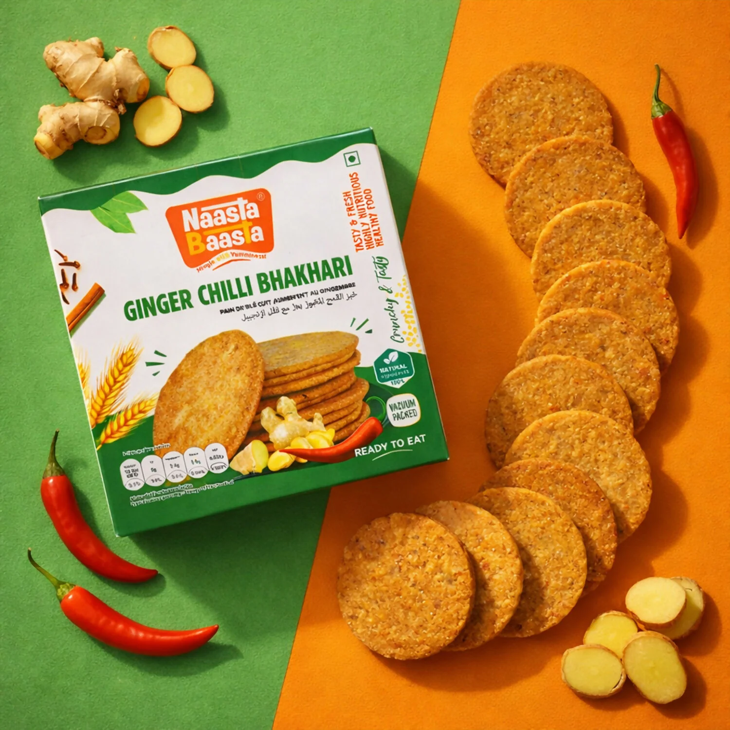 Naasta Baasta Ginger Chilli Bhakhari Spicy & Fresh Ready to Eat Crispy Tea-Time Snack (200gm) - Image 2