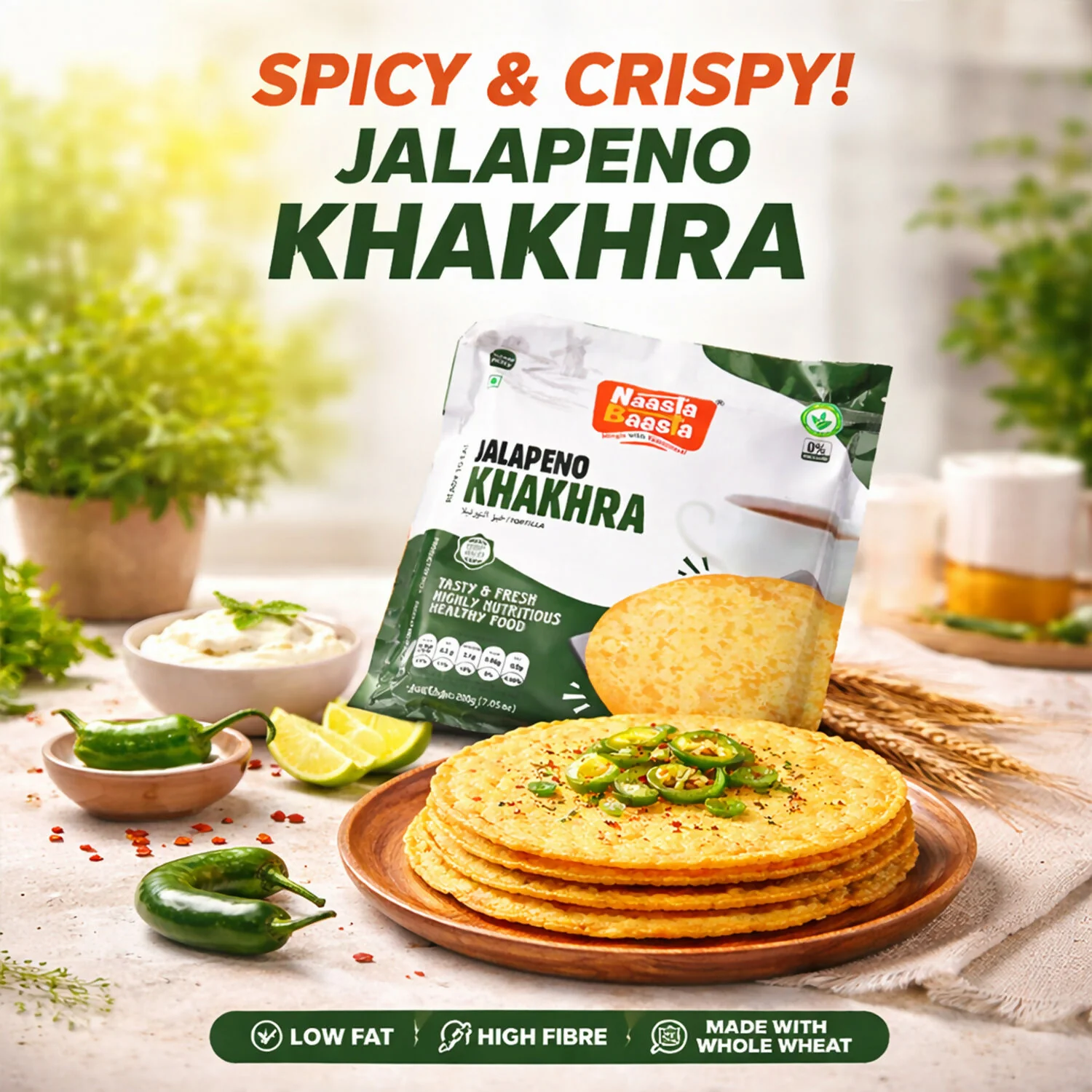 Naasta Baasta Jalapeno Khakhra Ready-to-Eat Crispy Whole Wheat Snack (200 Gm) - Image 2