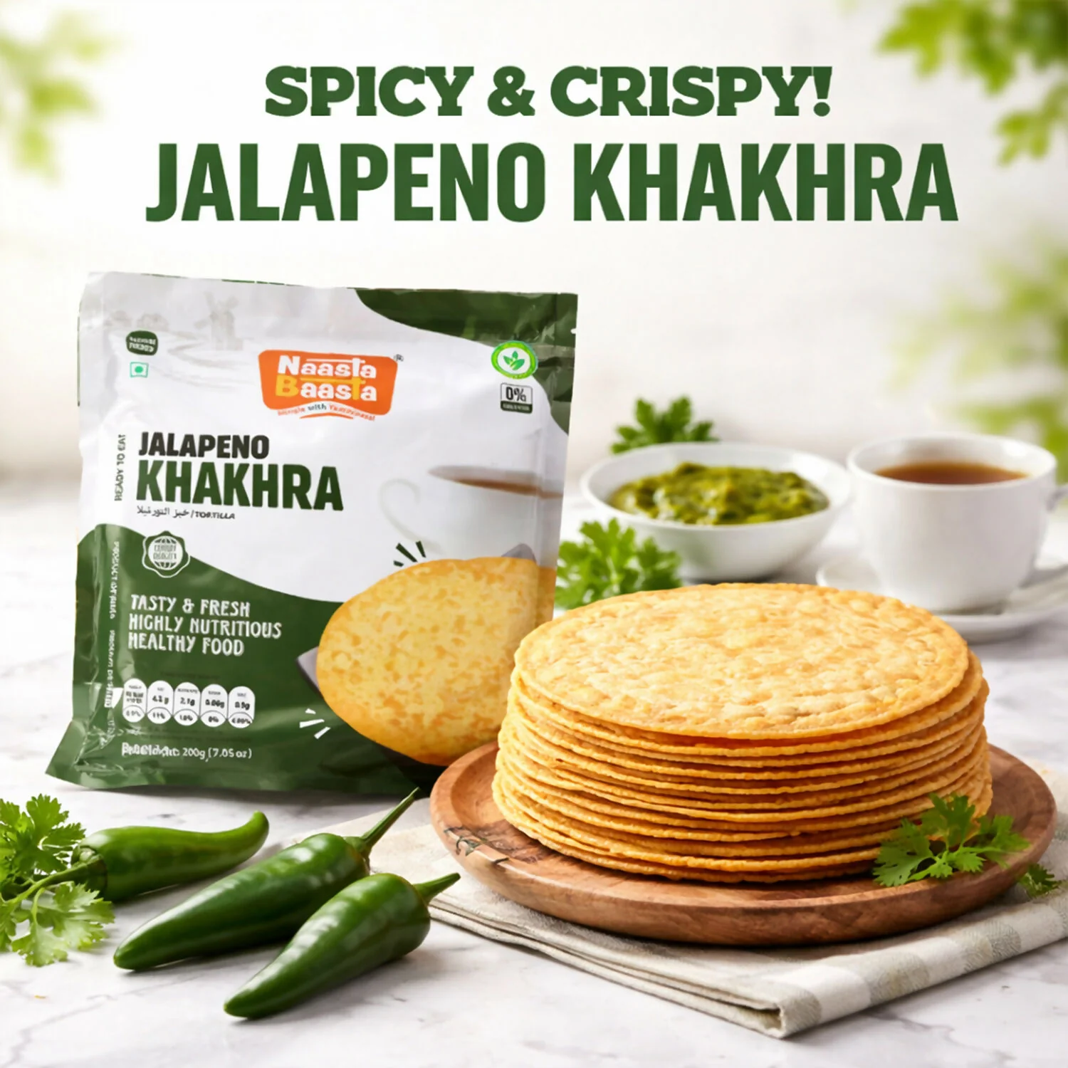 Naasta Baasta Jalapeno Khakhra Ready-to-Eat Crispy Whole Wheat Snack (200 Gm) - Image 3