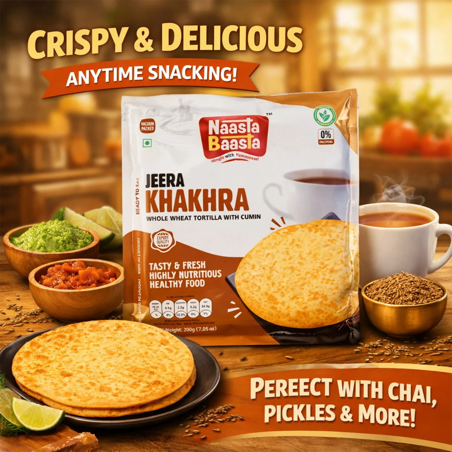 Naasta Baasta Jeera Khakhra Whole Wheat Tortilla with Cumin Crispy & Delicious Ready to Eat Snack(200gm) - Image 3