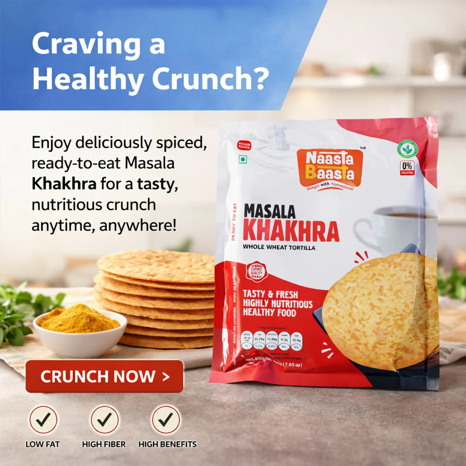 Naasta Baasta Masala Khakhra Whole Wheat Tortilla Ready To Eat Tasty & Fresh Healthy Snack(200gm) - Image 2