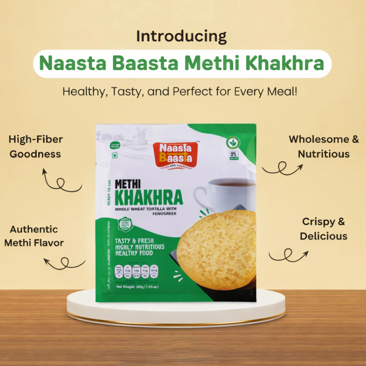 Naasta Baasta Methi Khakhra Healthy Whole Wheat Tortilla with Fenugreek Ready To Eat Tasty & Fresh Snack(200gm) - Image 3