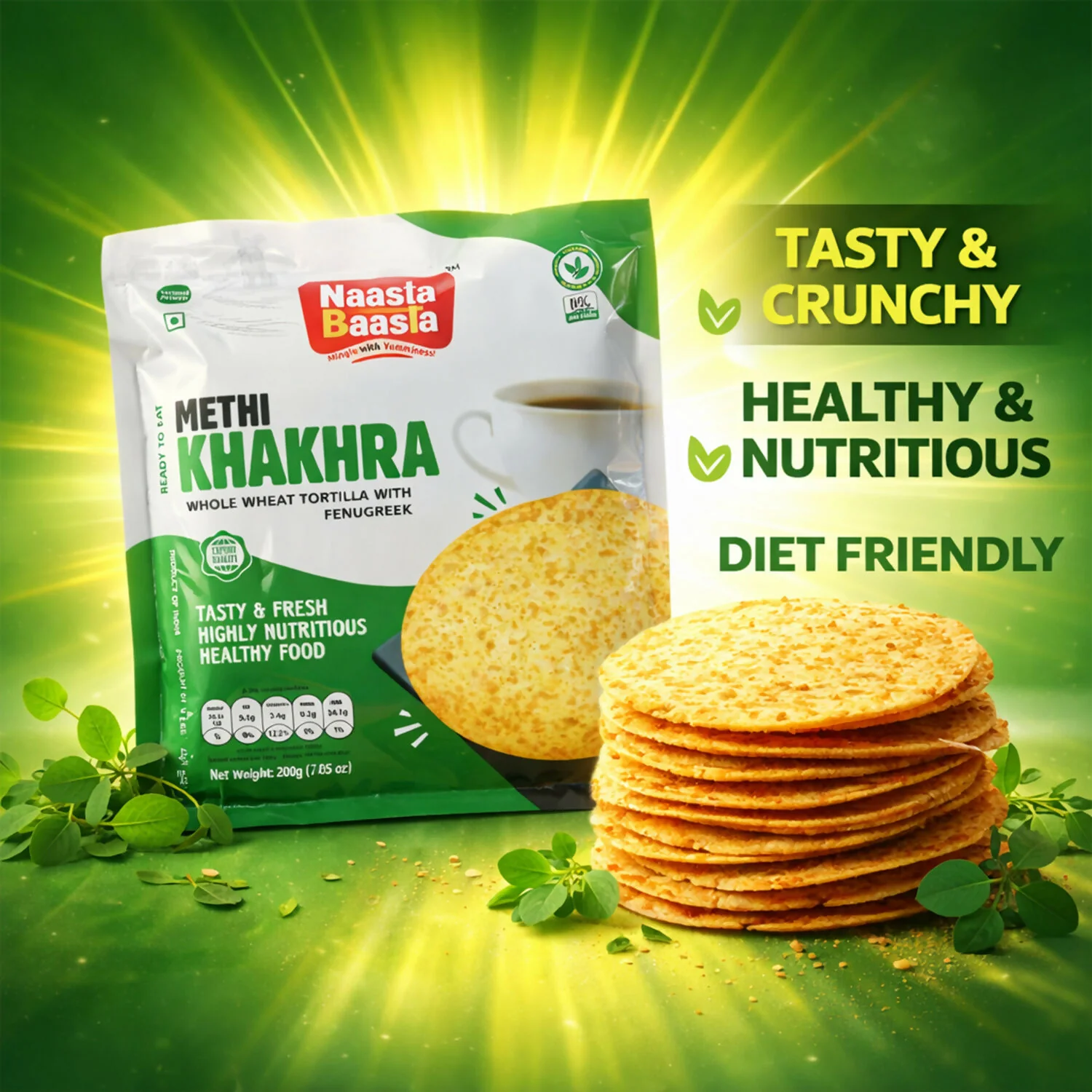 Naasta Baasta Methi Khakhra Healthy Whole Wheat Tortilla with Fenugreek Ready To Eat Tasty & Fresh Snack(200gm) - Image 4