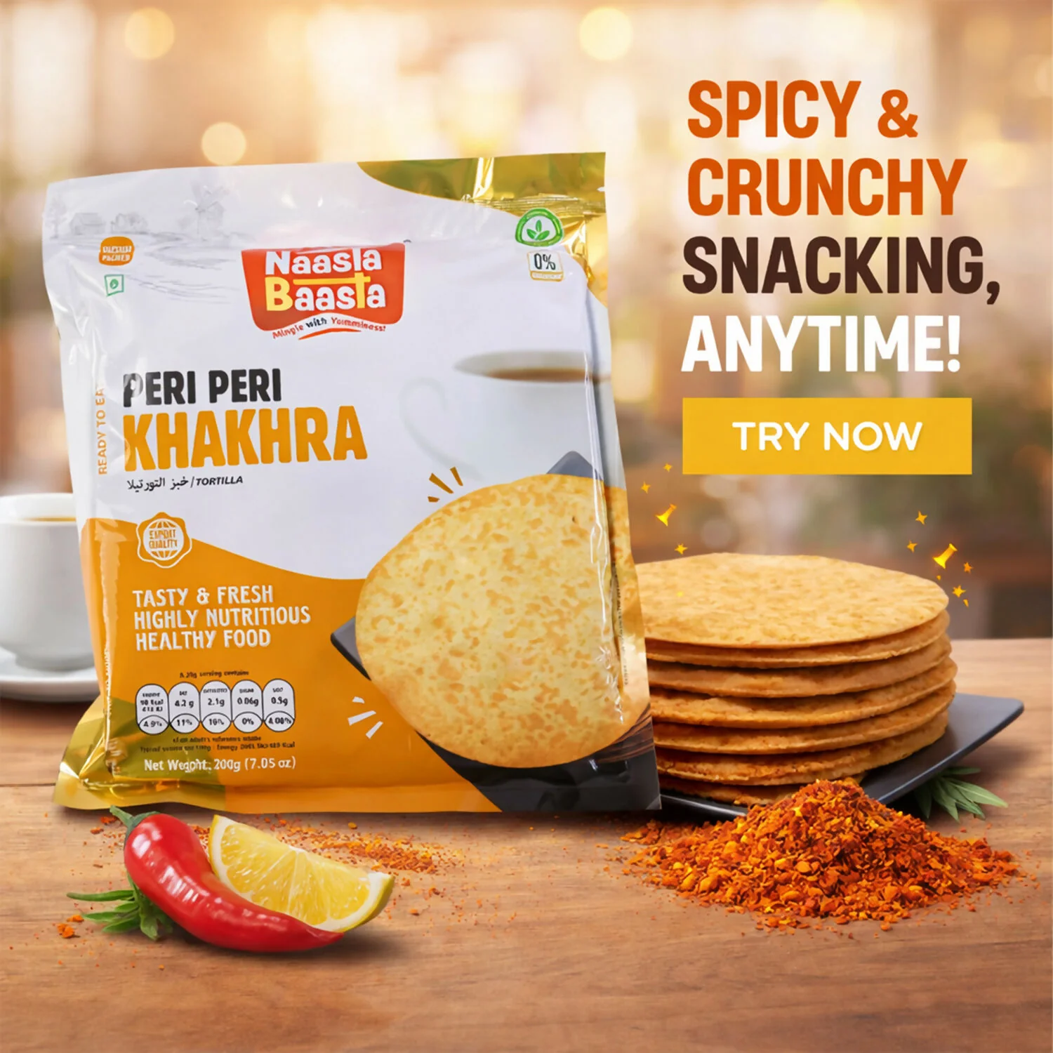 Naasta Baasta Peri Peri Khakhra Ready-to-Eat Spicy Crispy Wheat Snack (200 Gm) - Image 3