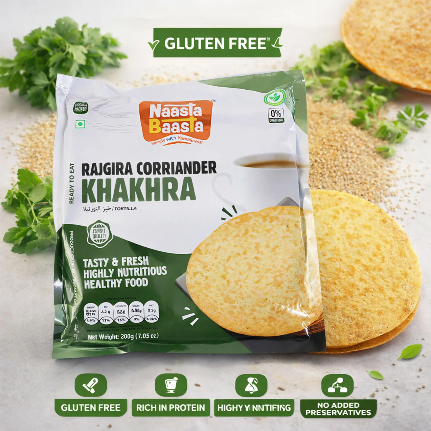 Naasta Baasta Rajgira Coriander Khakhra Gluten Free Ready to Eat Healthy Snack (200gm) - Image 2