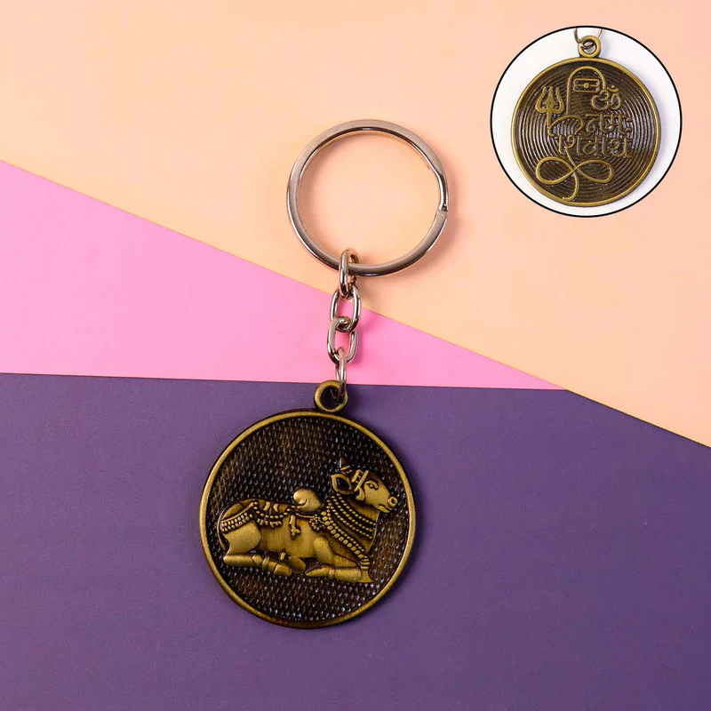 Nandi Bull Keychain with Shivling & Om Engraving – Antique Spiritual Key Ring - Image 3