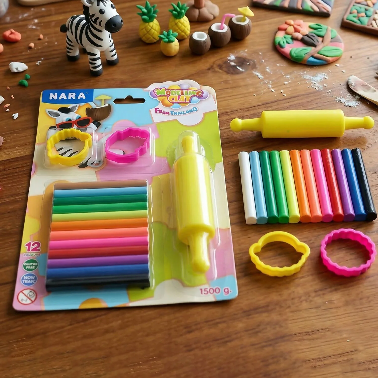 Nara 12 Color Modelling Clay Set with Roller & Cutters Creative Play Dough Kit for Kids (100 Gm) - Image 3